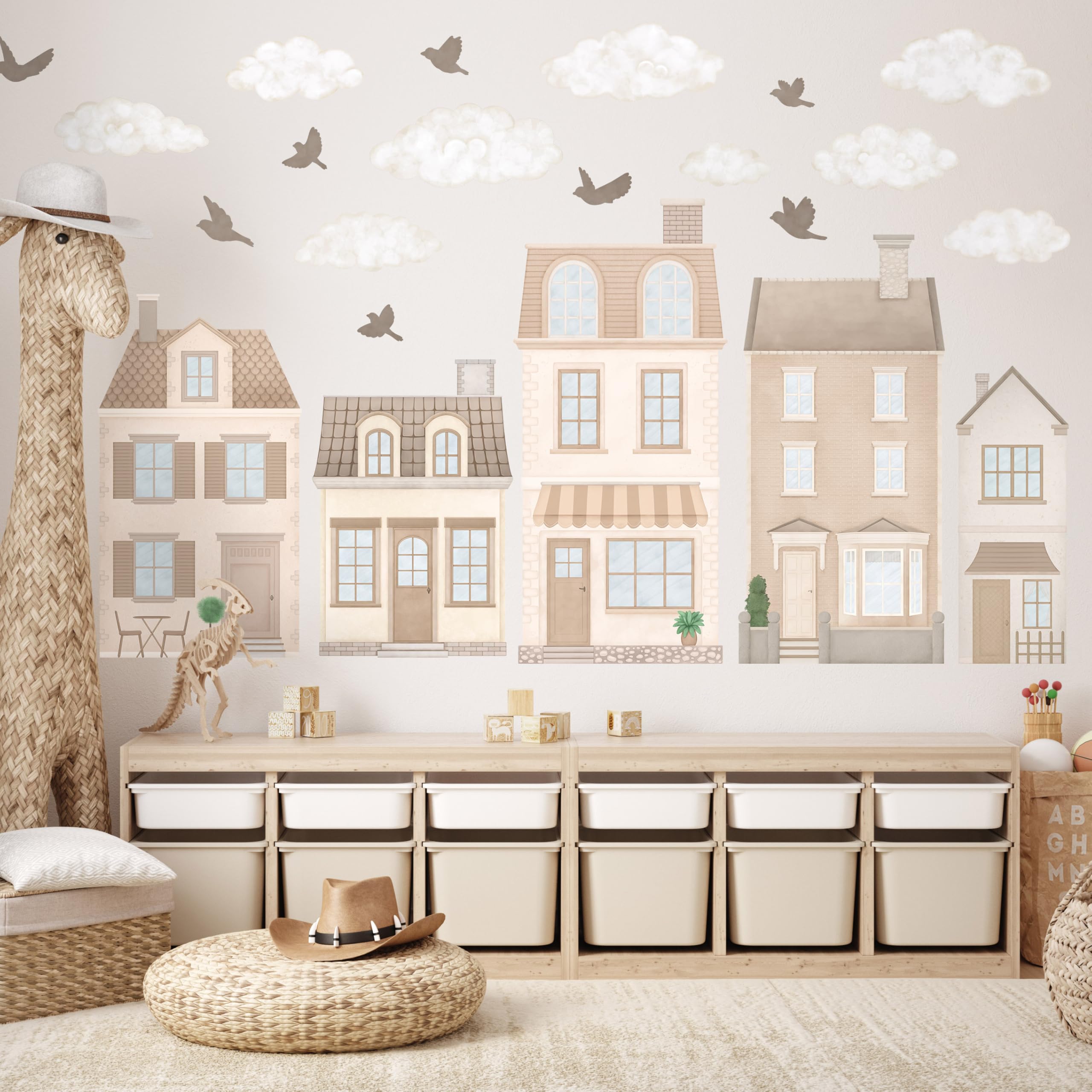 Adesivo da parete per bambini - Adesivo da parete per cameretta - atossico, potente - set 22 pezzi, cottage, case a schiera, casa a schiera parigina, città - Marrone, Beige