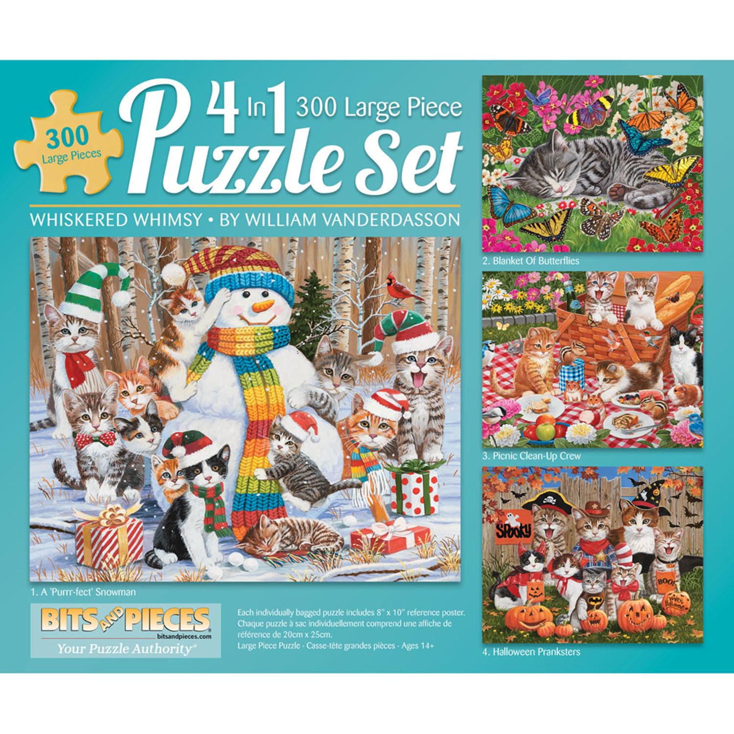 Bits and Pieces 4 Jigsaw Puzzle Set 300 Piece Puzzles for Adults, Whiskered Whimsy Set 300 Large Pieces 16" x 20" Jigsaw Puzzles - Seasonal Cats Halloween Kittens - Random Die Cut Pieces No 2 Alike