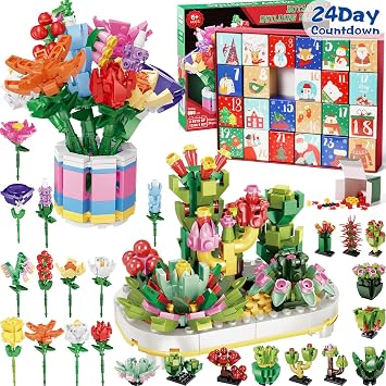 Advent Calendar 2025 for Kids Adults Teens, 24 Days STEM Botanical Building Blocks Christmas Countdown Calendar Gifts Box with 12-in-1 Succulent Flowers Bricks Toy Sets for Boys Girls Women Men Age 6+