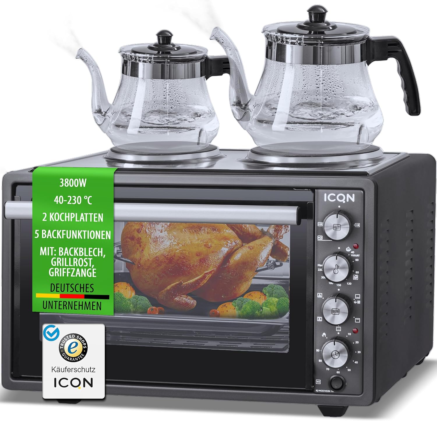 ICQN Mini forno da 42 Litri con 2 piastre di cottura con regolazione della temperatura indipendemente regolabile, Smaltato 3800 W, Illuminazione interna, 6 Funzoni di cottura, Forno per pizza ICQN Mini forno da 42 Litri con 2 piastre di cottura con regolazione della temperatura indipendemente regolabile, Smaltato 3800 W, Illuminazione interna, 6 Funzoni di cottura, Forno per pizza