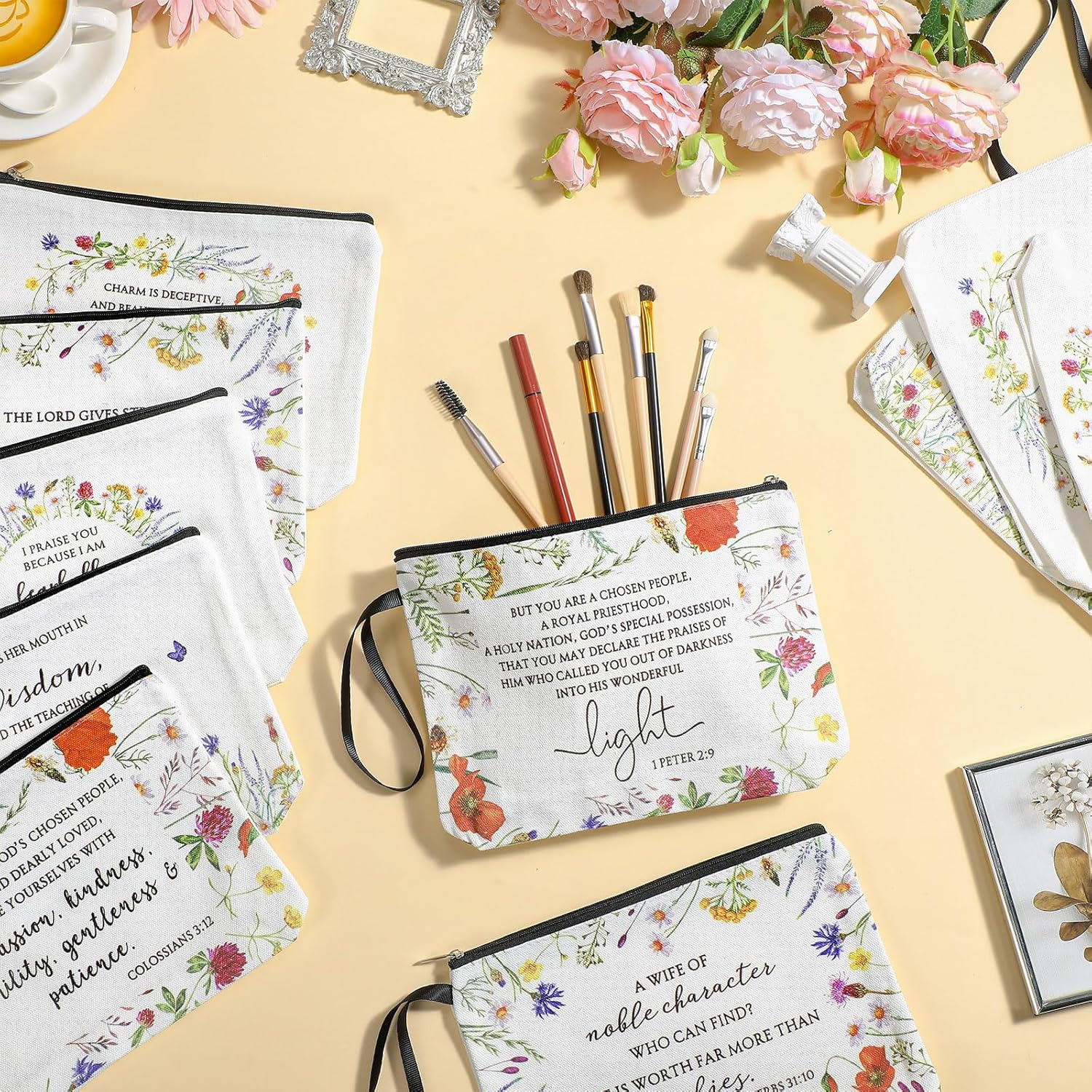 Talltalk 10 Pcs Christian Makeup Bags for Women Bulk Bible Spring Floral Cover Cosmetic Makeup Bags with Handle Inspirational Church Religious Gifts for Galentines Party Favors Women's Day Gifts - Image 4