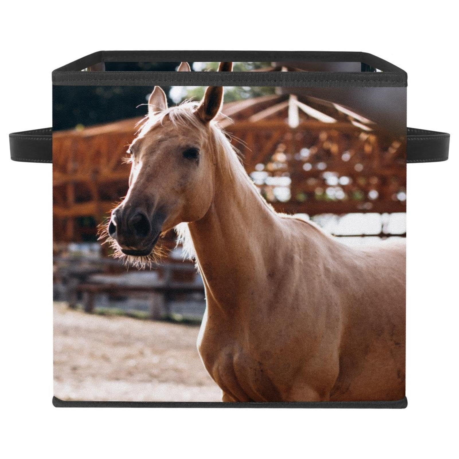 Boîte de rangement pliable cube avec poignées motif cheval marron pour placard