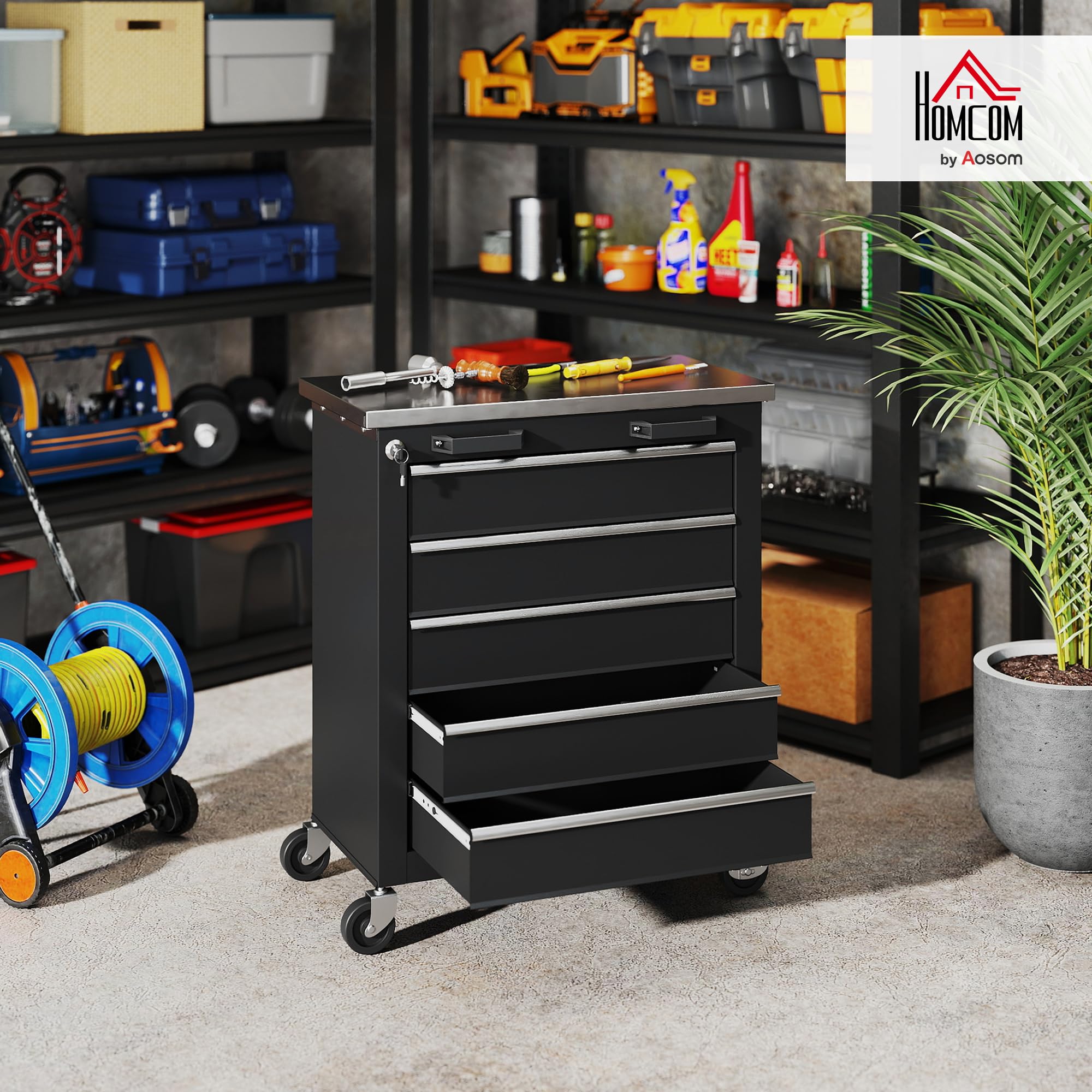 HOMCOM Carro de Herramientas con 5 Cajones y Cerradura, Carro de Taller con Ruedas con Freno, Encimera de Acero Inoxidable, Caja de Herramientas con Conectores Laterales para Garaje, Negro y Plata