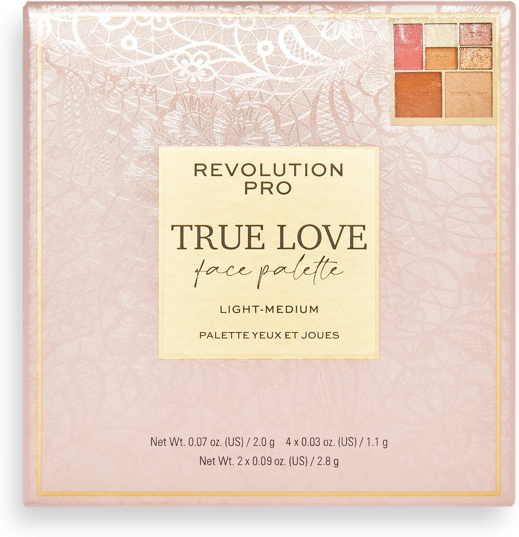 True Love Eye & Face Palette, Face Blusher/Bronzer/Highlighter, x4 Eyeshadow Pans, 7 Pan Multi-Use Makeup Palette, Matte & Shimmer Finish, Light - Medium Skin Tones