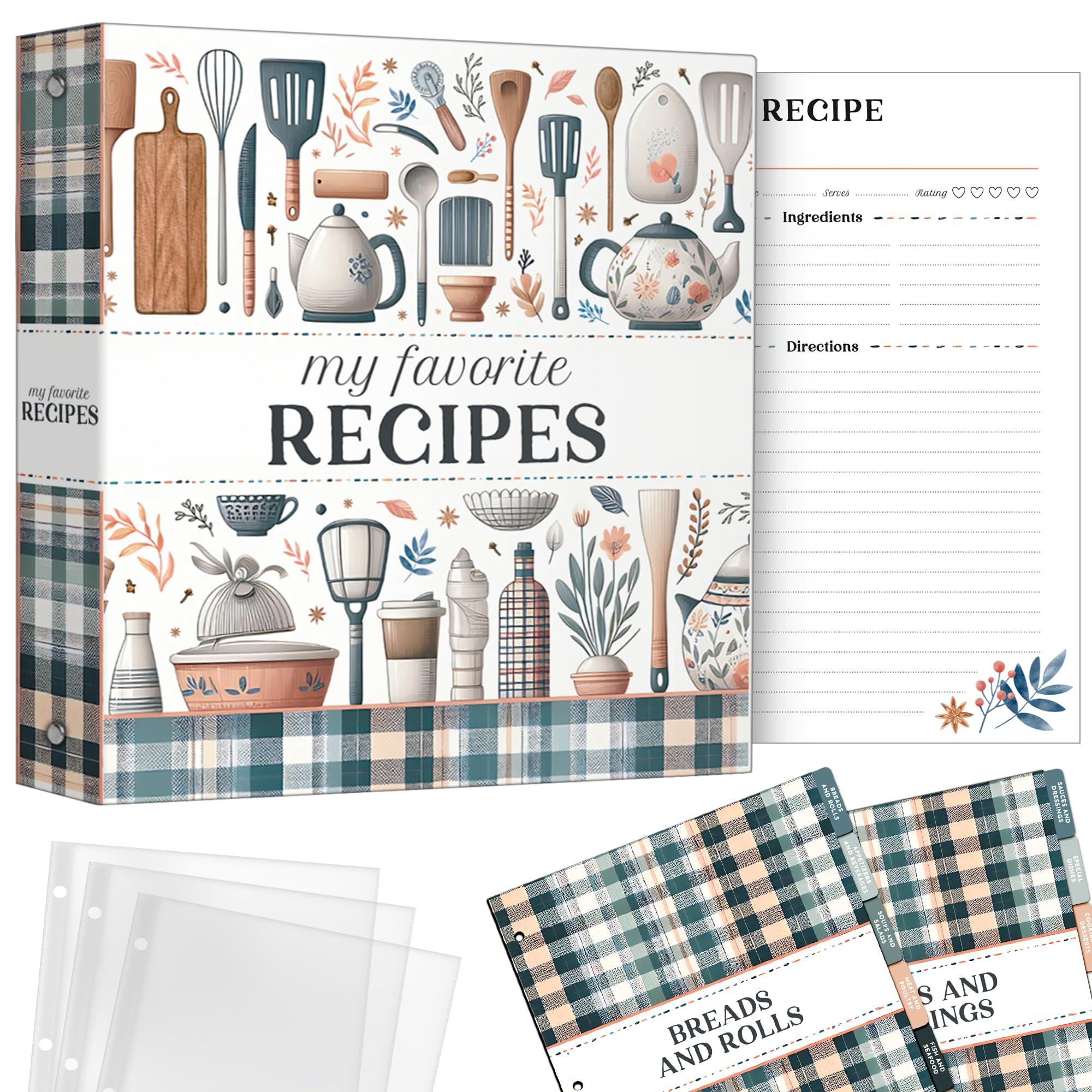 Raccoglitore per ricette deluxe, raccoglitore a 3 anelli per libri di cucina a quadri con 12 divisori personalizzati, 25 pagine protettive, schede per ricette spaziose, tabella di conversione della