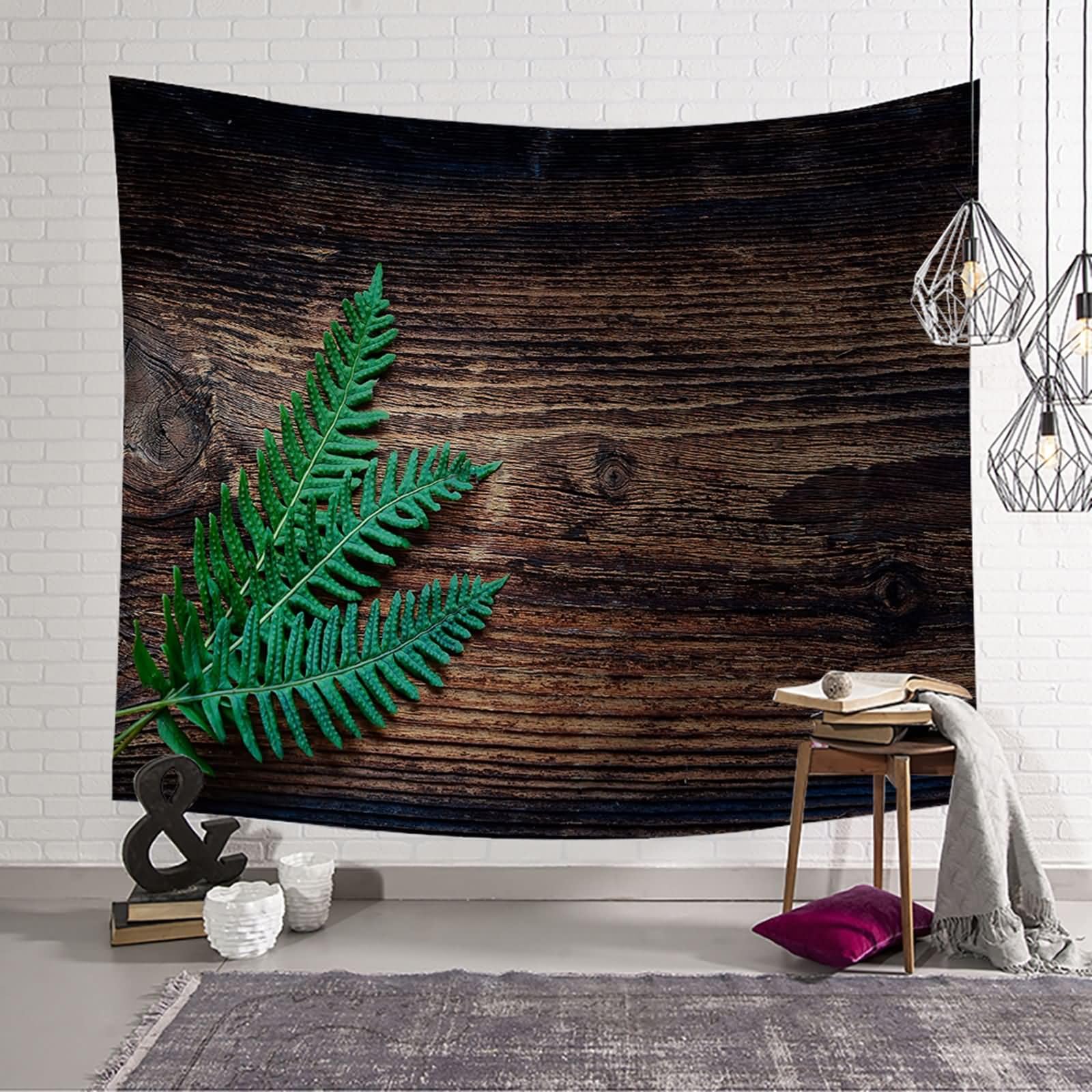 Homxi Wandteppich Modern Schlafzimmer 260 W x 240 H CM, Holzbrett und Blätter, Wandteppiche Wand Tuch Polyester, Braun Grün