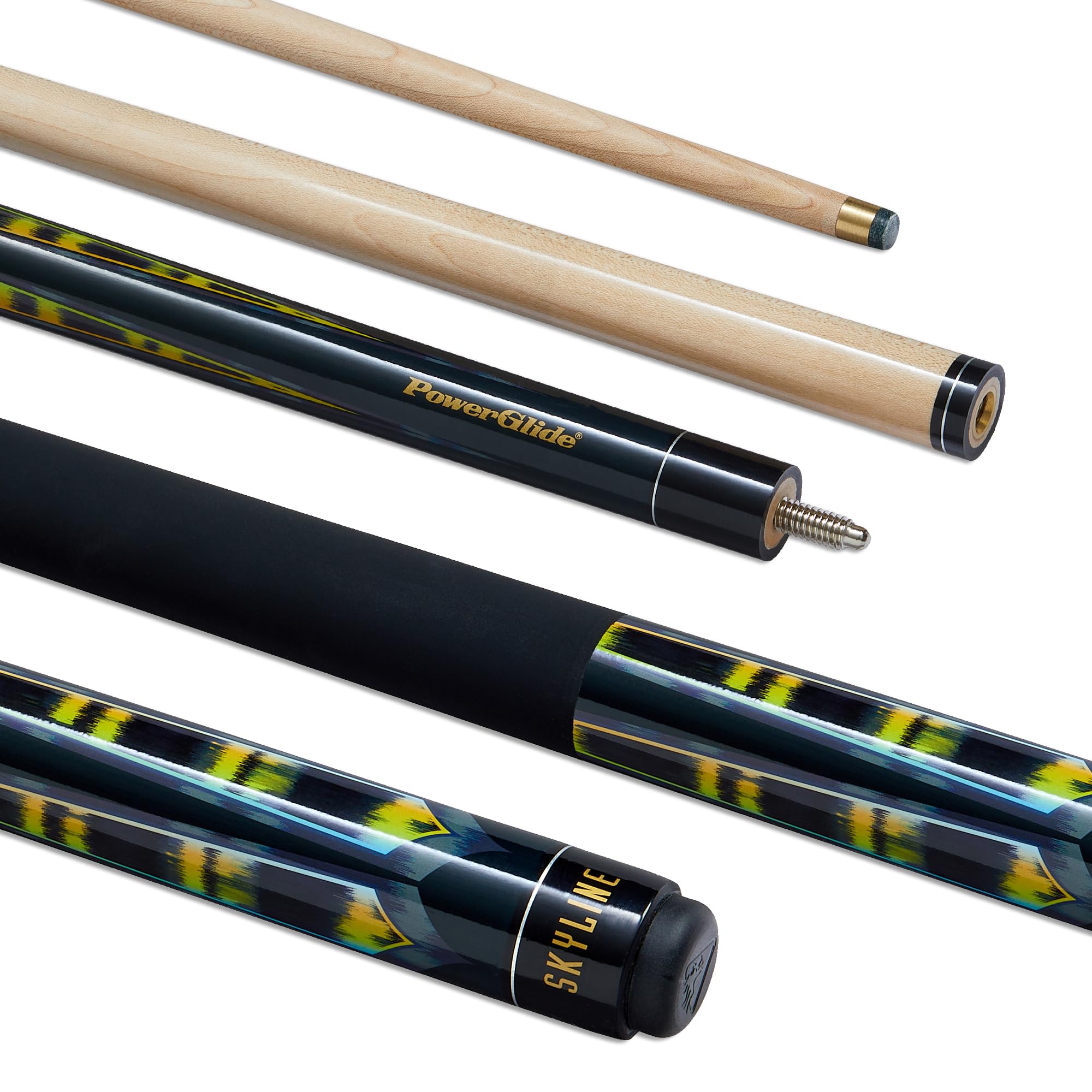 POWERGLIDE One 2-Piece Pool Cue Stick | Skyline | Maple Wood Shaft and Ramin Butt with Decal | Pool Joint with Plastic Collar | Full Size 57" | 10 mm Tip — image 1