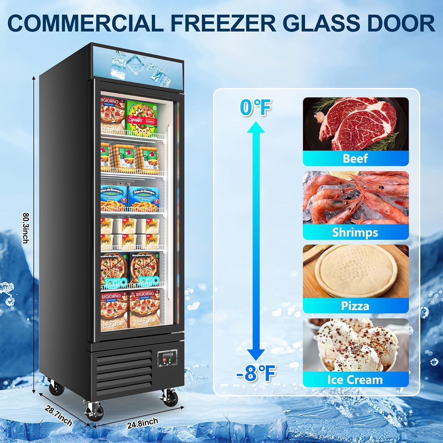 Commercial Upright Freezer Single Glass Door, 11.7 Cu.ft -8?~0? Commercial Display Freezer with LED Light and Adjustable Shelf for Shop, Restaurant, Kitchen, ETL Approved