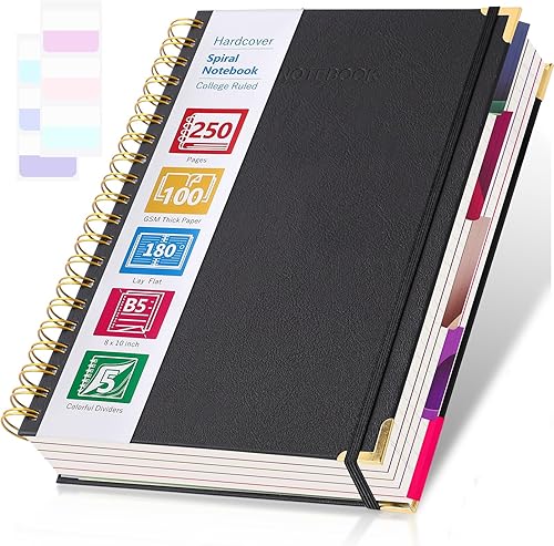 Cuaderno de espiral de 8.5 x 11 pulgadas, cuaderno de 5 materias, cuaderno de tapa dura con divisores, cuadernos grandes de cuero para el trabajo,