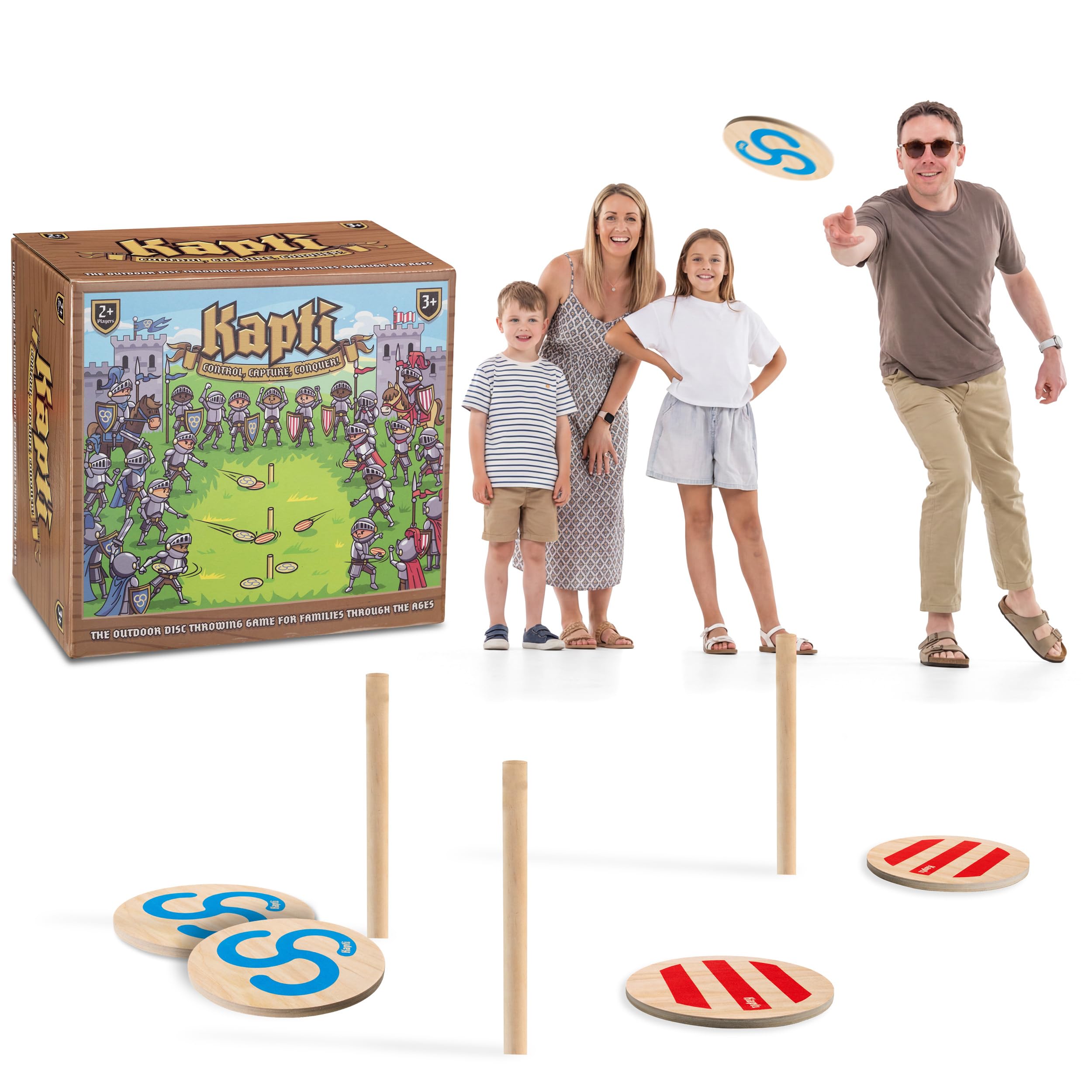 Grasshopper Games Kapti Gra ogrodowa, 100% FSC, drewniana gra do rzucania dyskami na świeżym powietrzu, dla dzieci i rodzin, ogromna gra imprezowa z dyskami i palikami, aktywna gra w rzucanie ogrodem