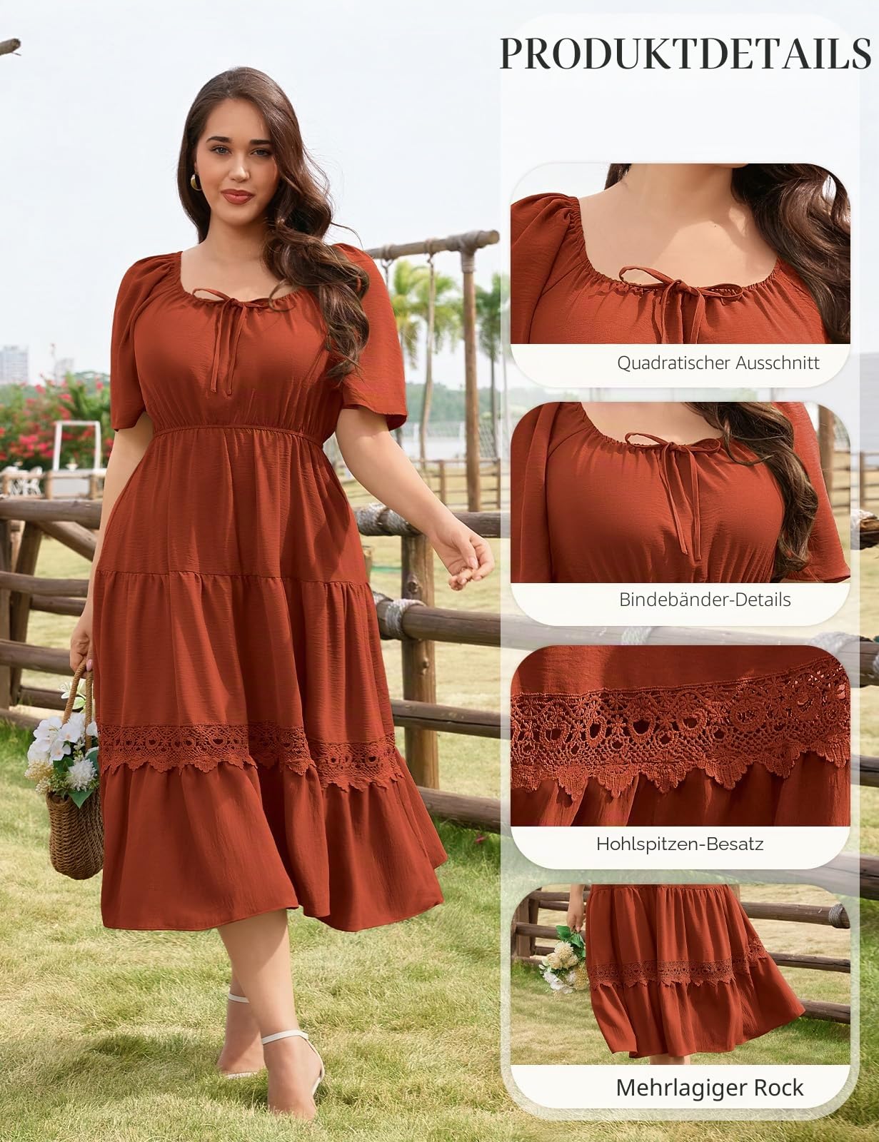 CMTOP Sommerkleid Damen Große Größen Kleider Sommer Maxikleider Elegant Quadratischer Ausschnitt Midikleid Gerafft Lang Freizeitkleid Leicht Fließend Strandkleid Kurzarm A Linie