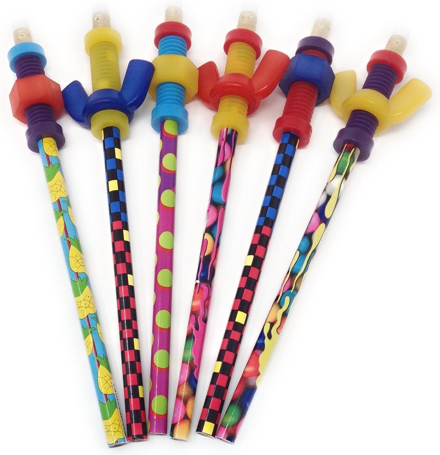 beacon-ridge Fidget Pencil Toppers on Pencil, Set of 6 (3 Wing Nuts and 3 Nuts'n Bolts), Colors Vary