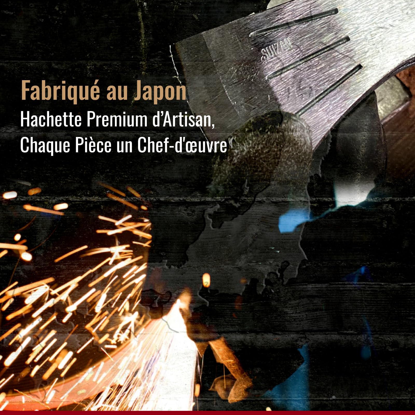 SUIZAN Hachette Japonaise 360mm - Hache à Main Camping Bushcraft Sculpture | Professionnelle Petite Forgé Artisanal Acier carbone Fendre Bois de chauffage Survie Plein air Cadeau Étui cuir Sanada-himo
