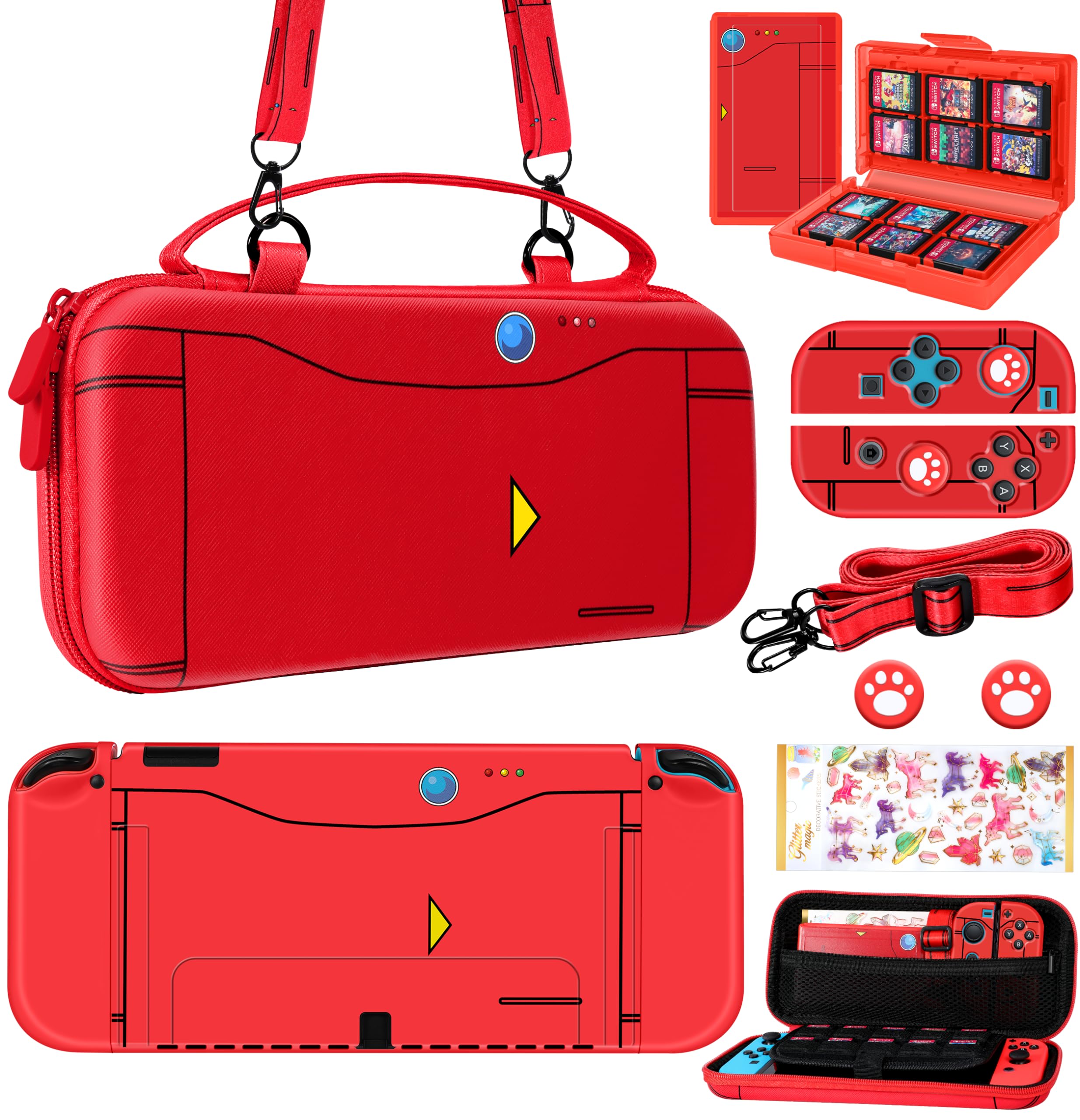 9in1 Anime Switch Oled Case for Nintendo Switch Oled Carrying Cases Boy Teens Hard Protective Cover Dockable Skin+Thumb Grips+Game Holder+Shoulder Strap+Sticker for Switch Oled Travel Case