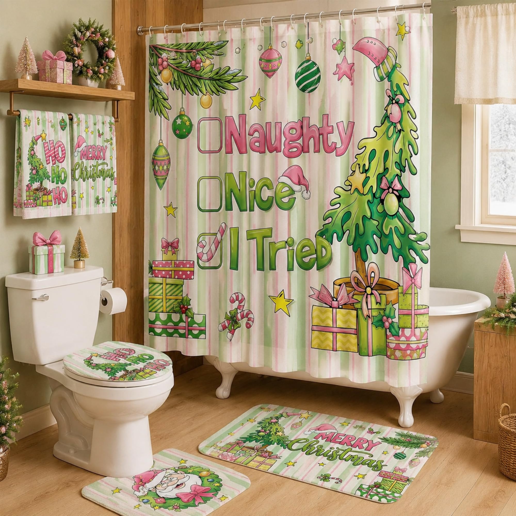 HunnmingRe 6 Pcs Christmas Bathroom Decor Pink Green Shower Curtain Set