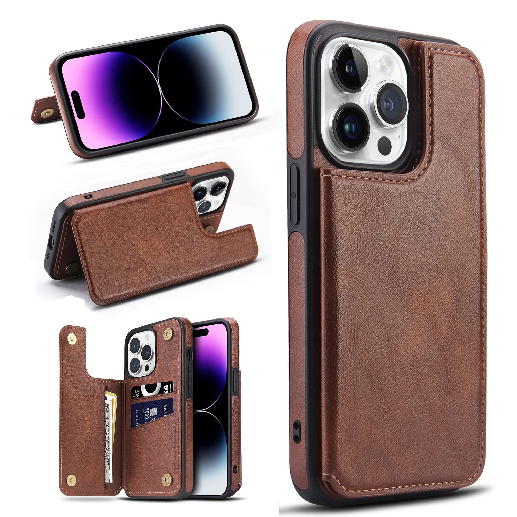 Hemduty for iPhone 14 Pro Wallet Case with Card Holder, Luxury Leather Kickstand Card Slots Case, Double Magnetic Clasp Shockproof Cover 2022 6.1 Inch (Brown)