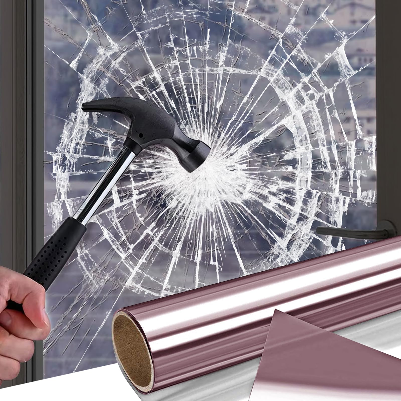 Shackcom Safety Glass Film 44.5 x 300cm Self Adhesive Anti-shatter One Way Window Film, Privacy Mirror Reflective Heat Reducing, Anti Glare, Anti UV, Window Tint for Home, Office, Car, Rose Gold