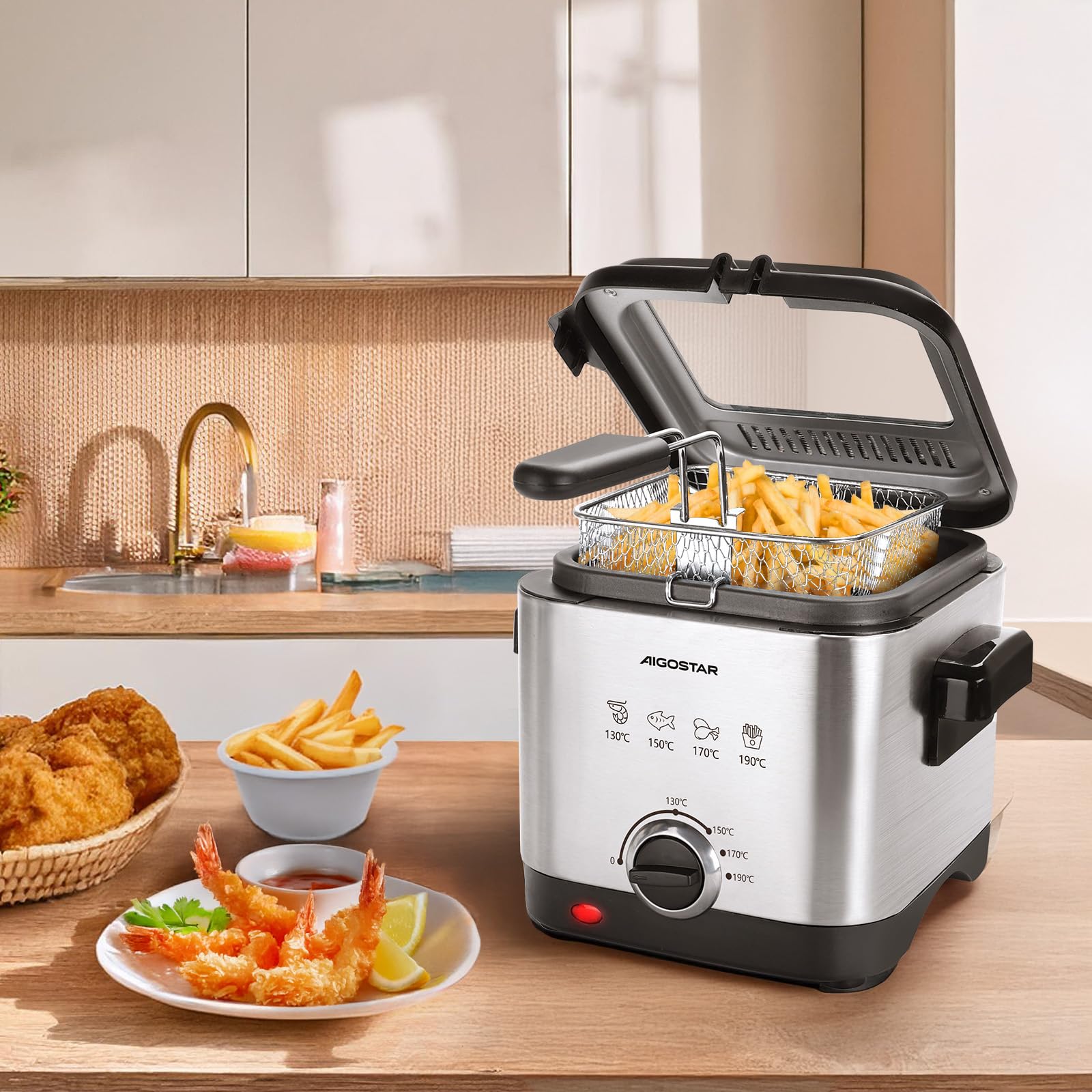 Aigostar Fries 30IZD - Freidora compacta de 1,5 litros, libre de BPA, 1000 watios con gran ventana transparente y temperatura ajustable. Acero inoxidable de tipo 304. Diseño exclusivo
