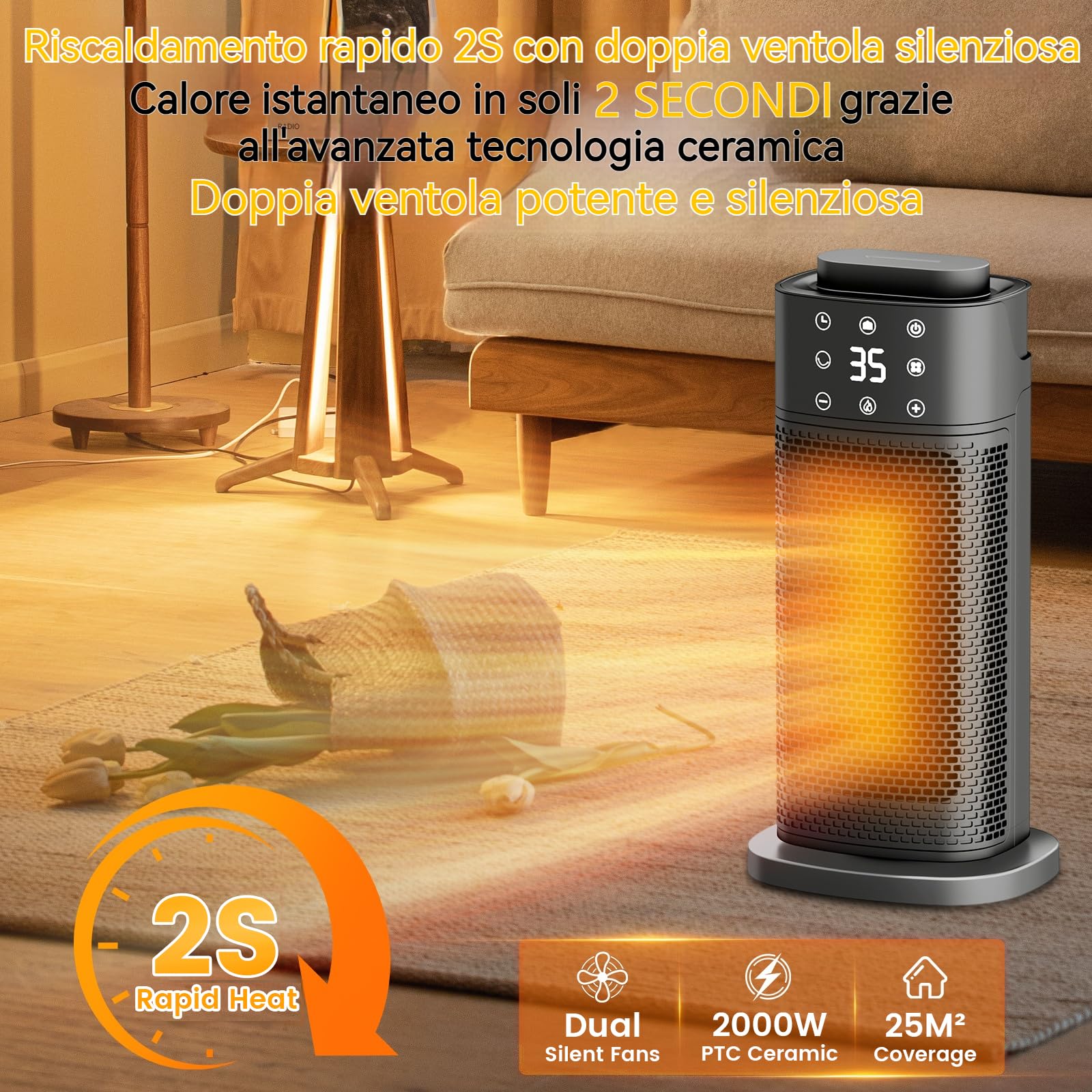 2000W Stufa Elettrica Basso Consumo,Termoventilatore in ceramica silenzioso, con riscaldamento a 3 livelli, funzione timer, doppio utilizzo per caldo e freddo, protezione da surriscaldamento e