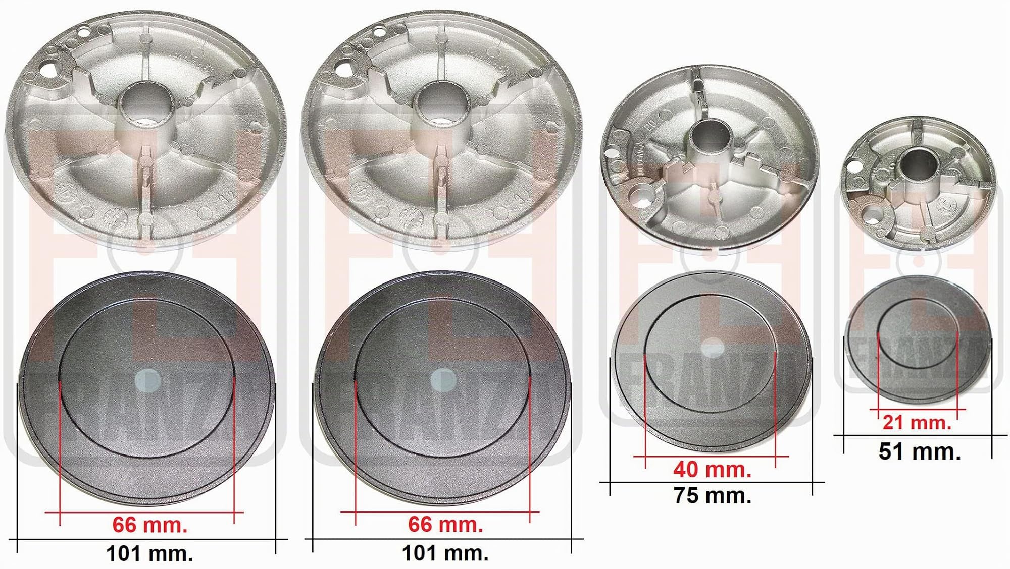 Candy Hoover Iberna Gasfire - Kit 5 bruciatori Defendi completi di piattelli spartifiamma lucidi 4 fuochi + quadrupla corona per cucina piano cottura 5 fuochi - Made in Italy - CA05