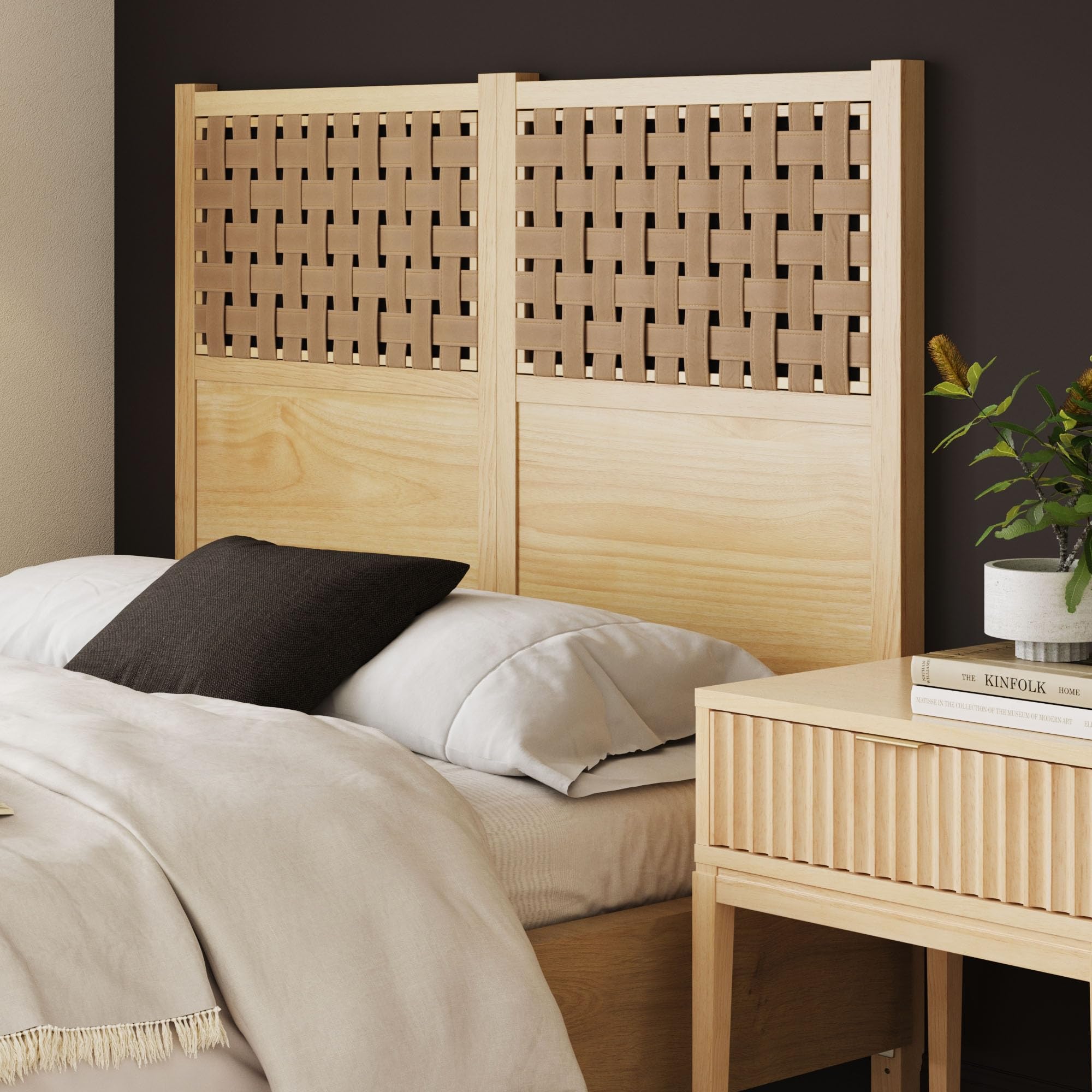 Nathan James Evelyn Scandinavian Brushed Finish and Faux Leather Weave Headboard, Queen, Natural Brown Wood