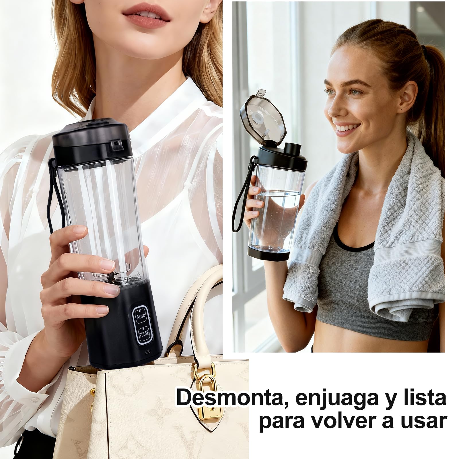 FRZA Batidora PRO Portátil Recargable USB, Batidora de Vaso Personal para Smoothies y Zumos, con Función Auto y Pulse, Color Negro