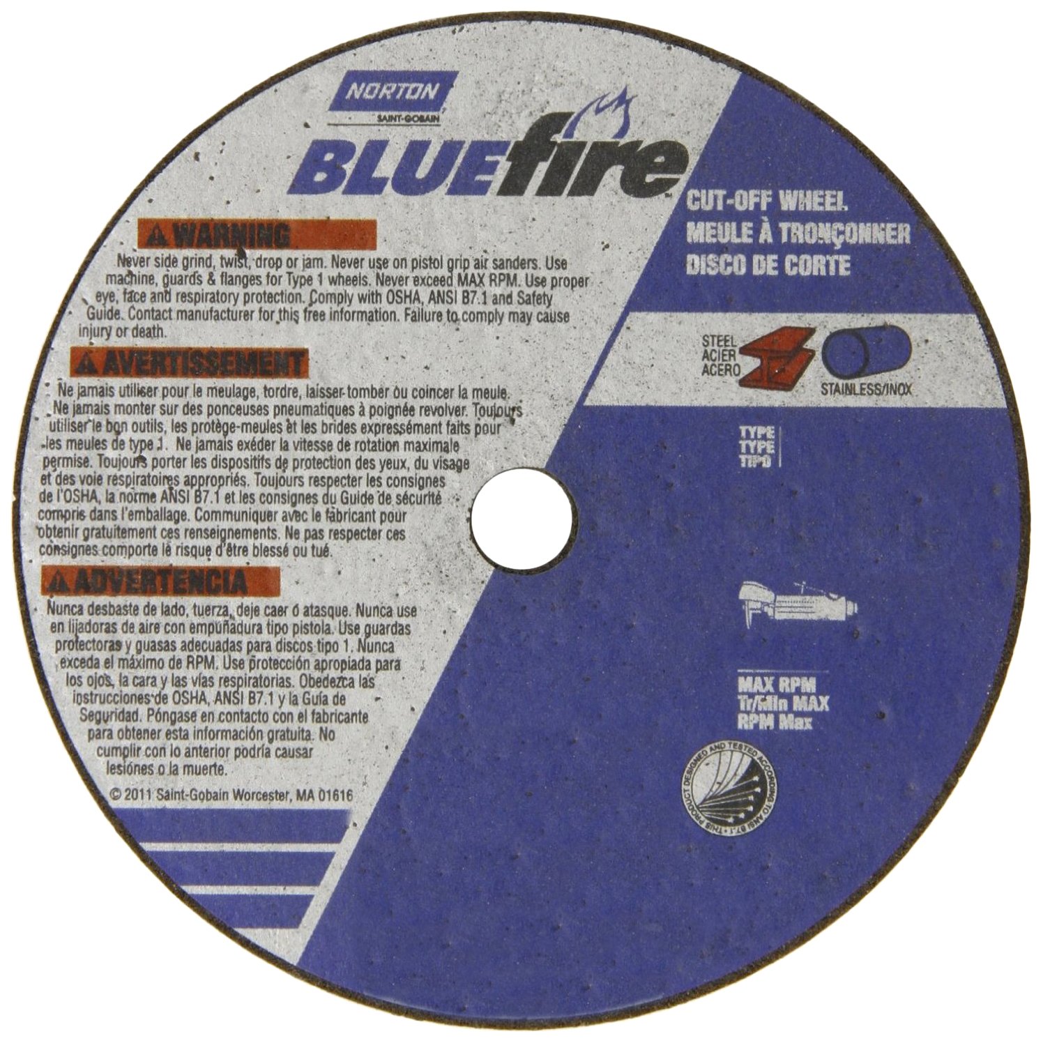 Norton Blue Fire Small Diameter Reinforced Abrasive Flat Cut-Off Wheel, Type 01, Zirconia Alumina and Aluminum Oxide, 3/8" Arbor, 4" Diameter x 1/8" Thickness (Pack of 25)