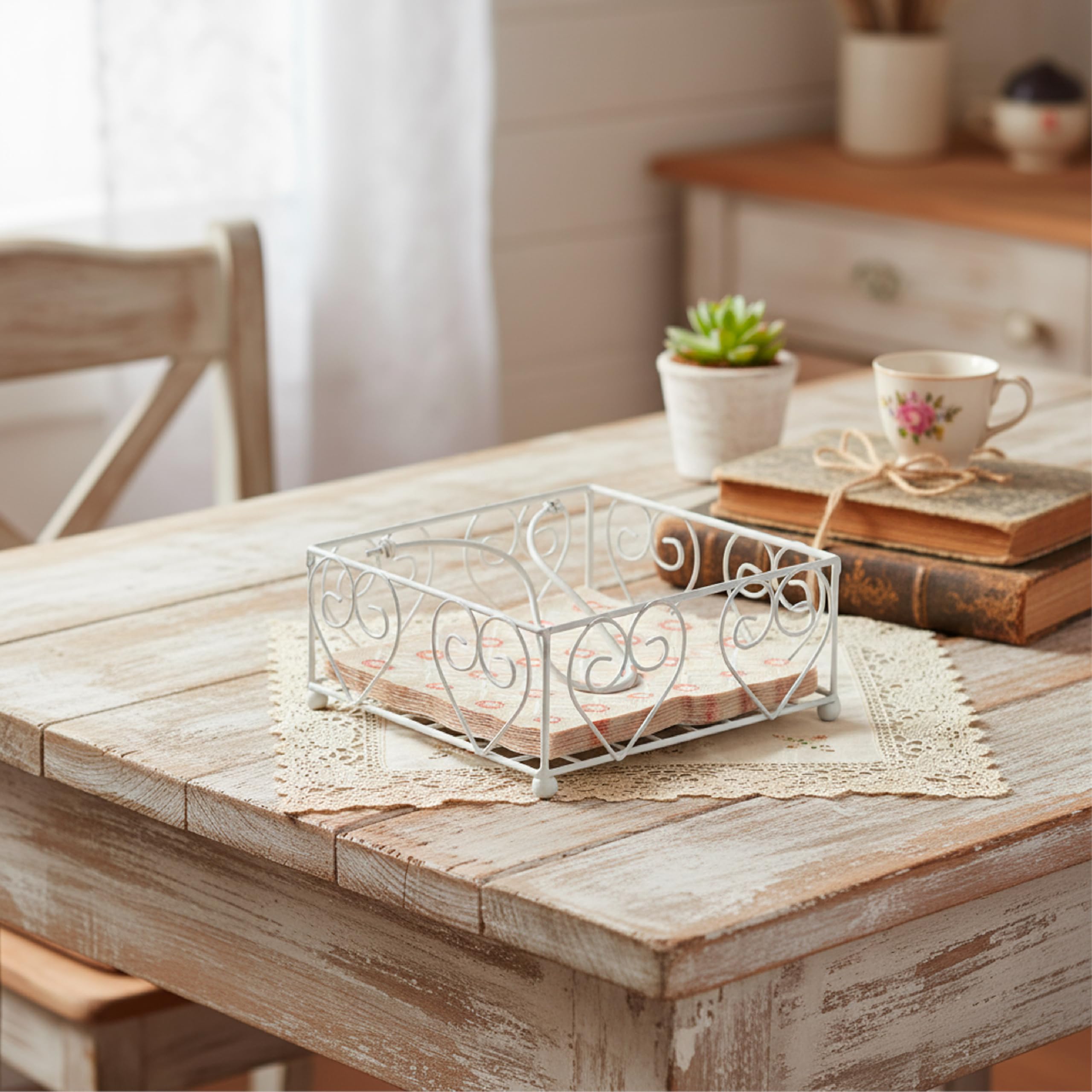 Baroni Home Servilletero de hierro decorado, estilo Shabby Chic, accesorios de cocina de mesa, servilletero para interior y exterior, 20 x 20 x 8 cm