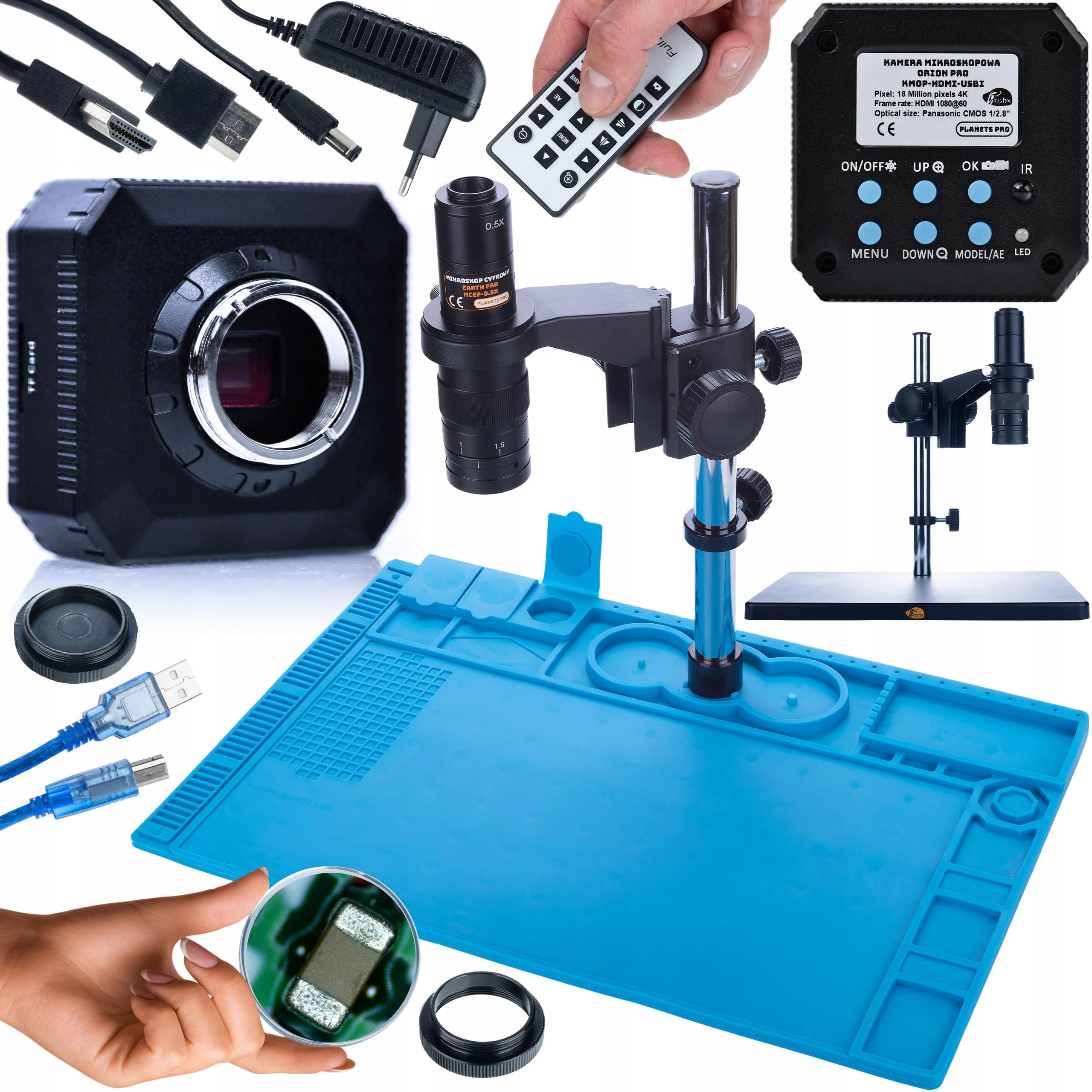 Rosfix Zestaw Earth Pro MCEP-0.5X – mikroskop cyfrowy z kamerą HDMI/USB 16 MP i antystatyczną matą silikonową 480 × 320 mm | zoom 7-45 × | mocowanie C | mikroskopia laboratoryjna i przemysłowa