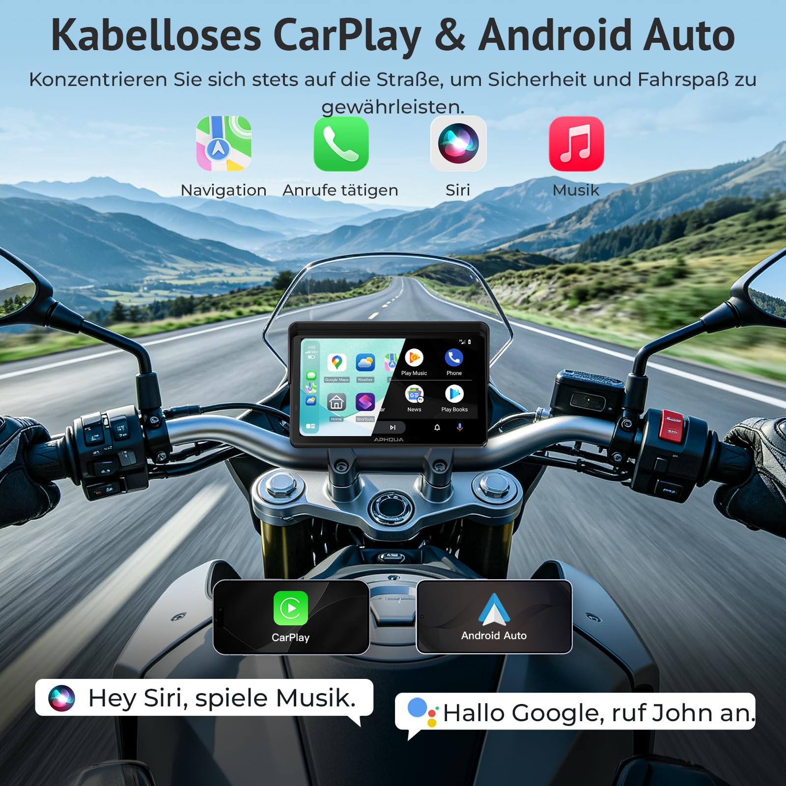 Motorrad Carplay Display 7 Zoll Wasserdichter Touchscreen, Reifendruckkontrollsystem (TPMS), Kabelloses CarPlay und Android Auto für Motorrad, Dual Bluetooth, GPS-Navigation