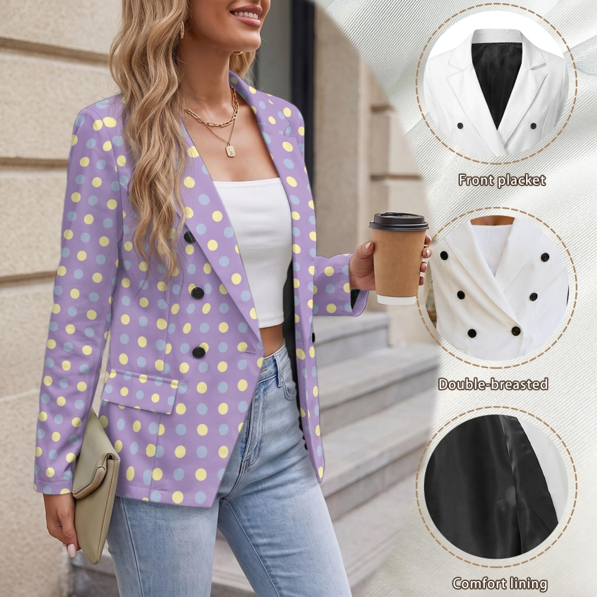 Blazer casual para mujer, chaqueta de traje de doble botonadura, ligera, ajuste delgado, abrigo de trabajo y oficina con bolsillos, Estampado de lunares, 3XL