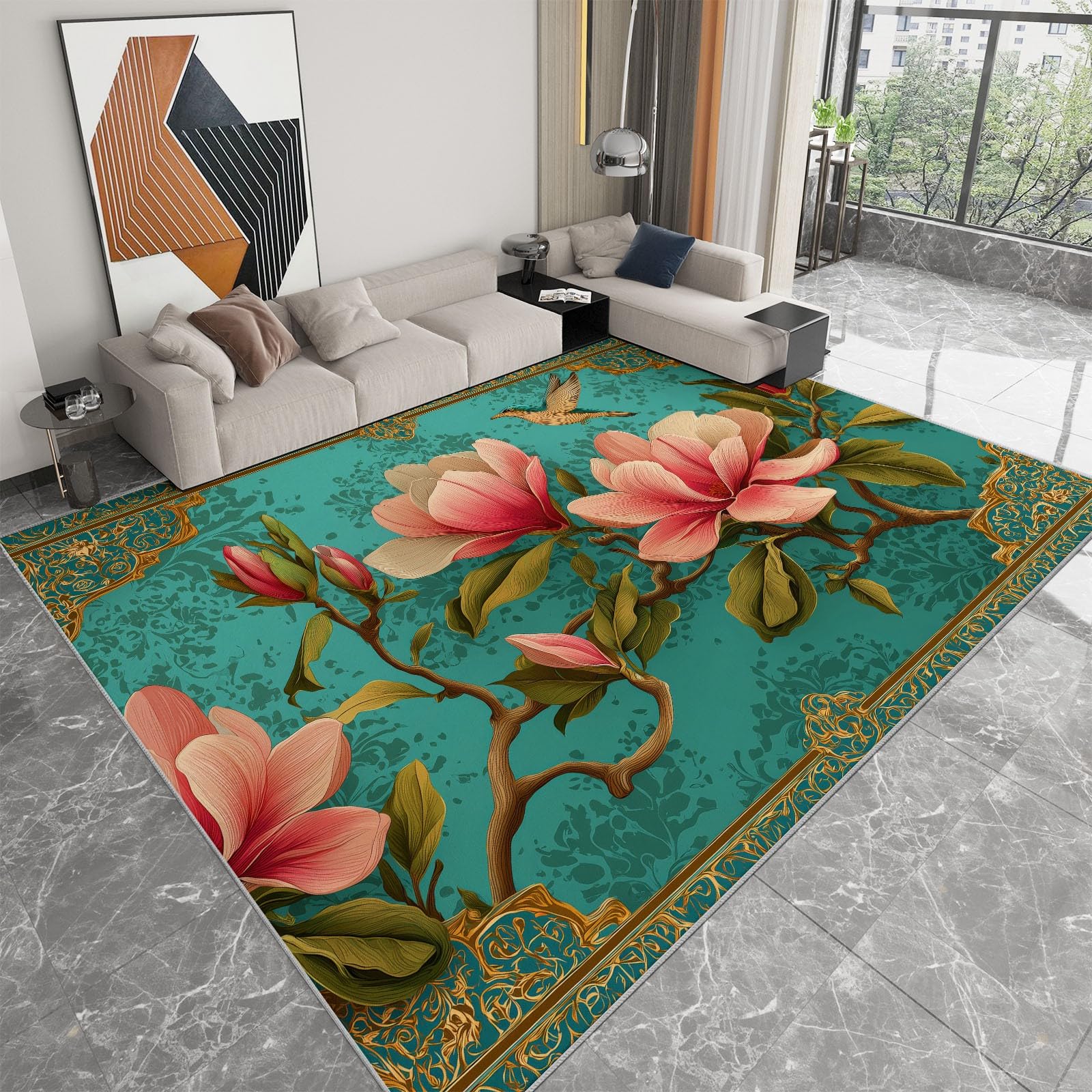 Tapis de chambre magnolia et oiseaux pour une ambiance moderne