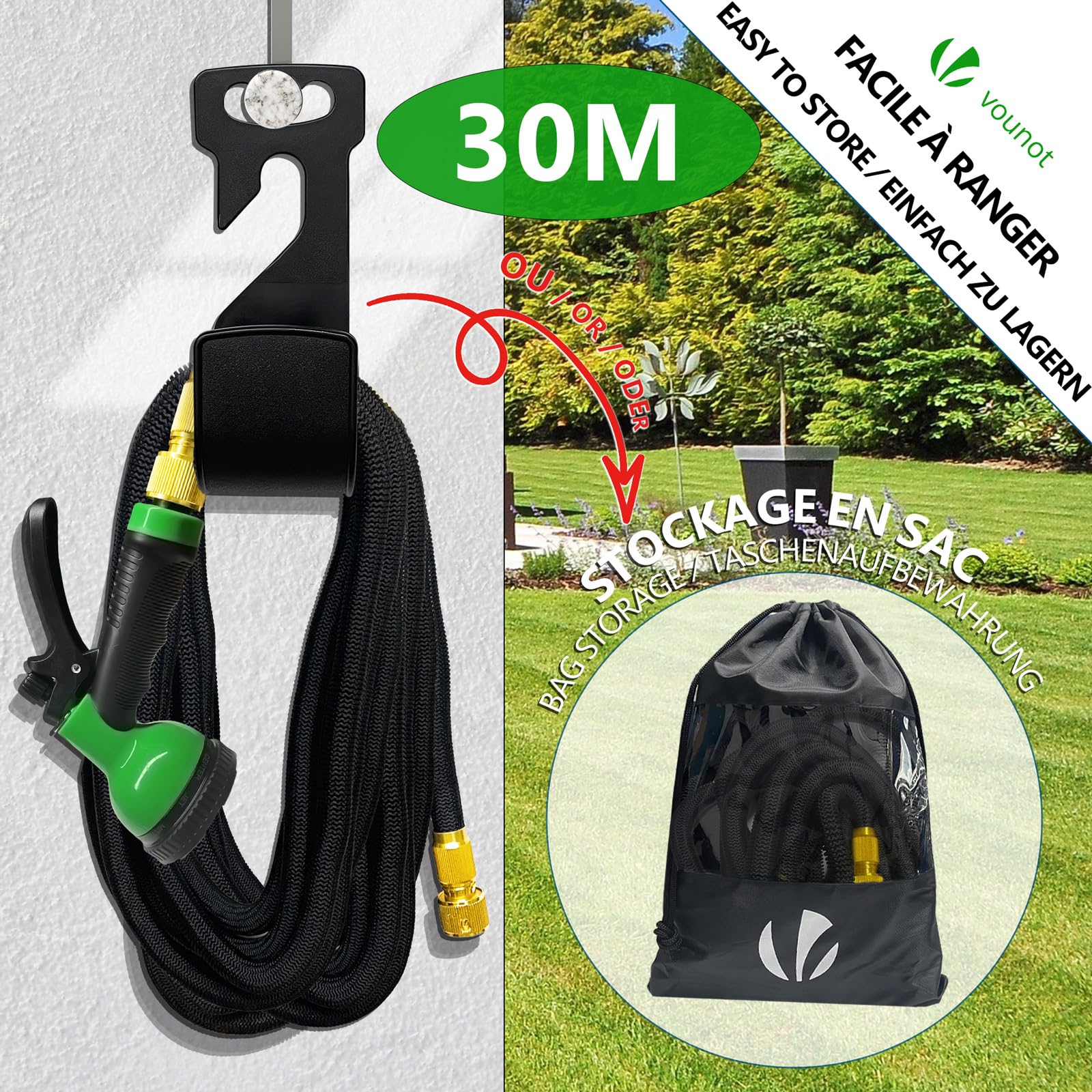 VOUNOT® Manguera Extensible 30m, Manguera Flexible Jardín con Pistola Rociadora de 10 Funciones, Conectores de Latón de 1/2 y 3/4 Pulgadas Bolsa de Almacenamiento, Negro