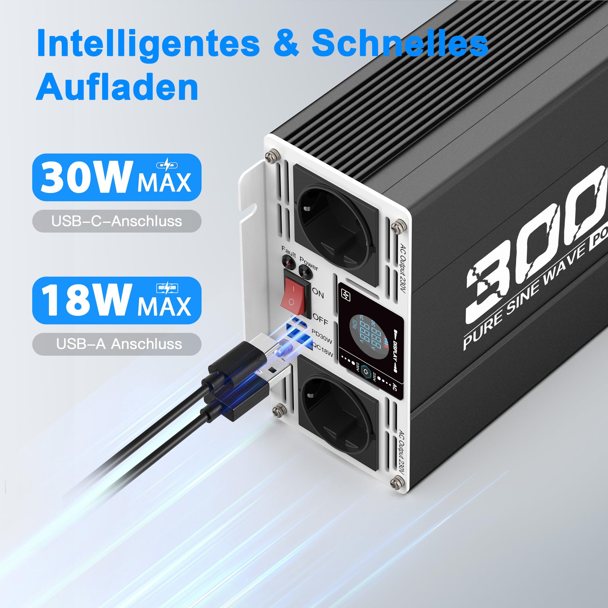 Spannungswandler 3000W/6000W Reiner Sinus- Wechselrichter 12V auf 230V, mit 2X EU Steckdose, mit 1x PD 30W USB-C, 1xQC 3.0 18W USB-A Schnellladung, LCD-Anzeige für Wohnmobil LKW KFZ