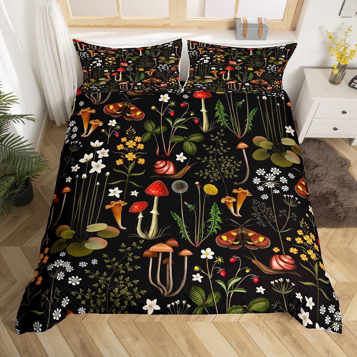 Funda de edredón botánica para decorar habitaciones infantiles con mariposas y caracoles
