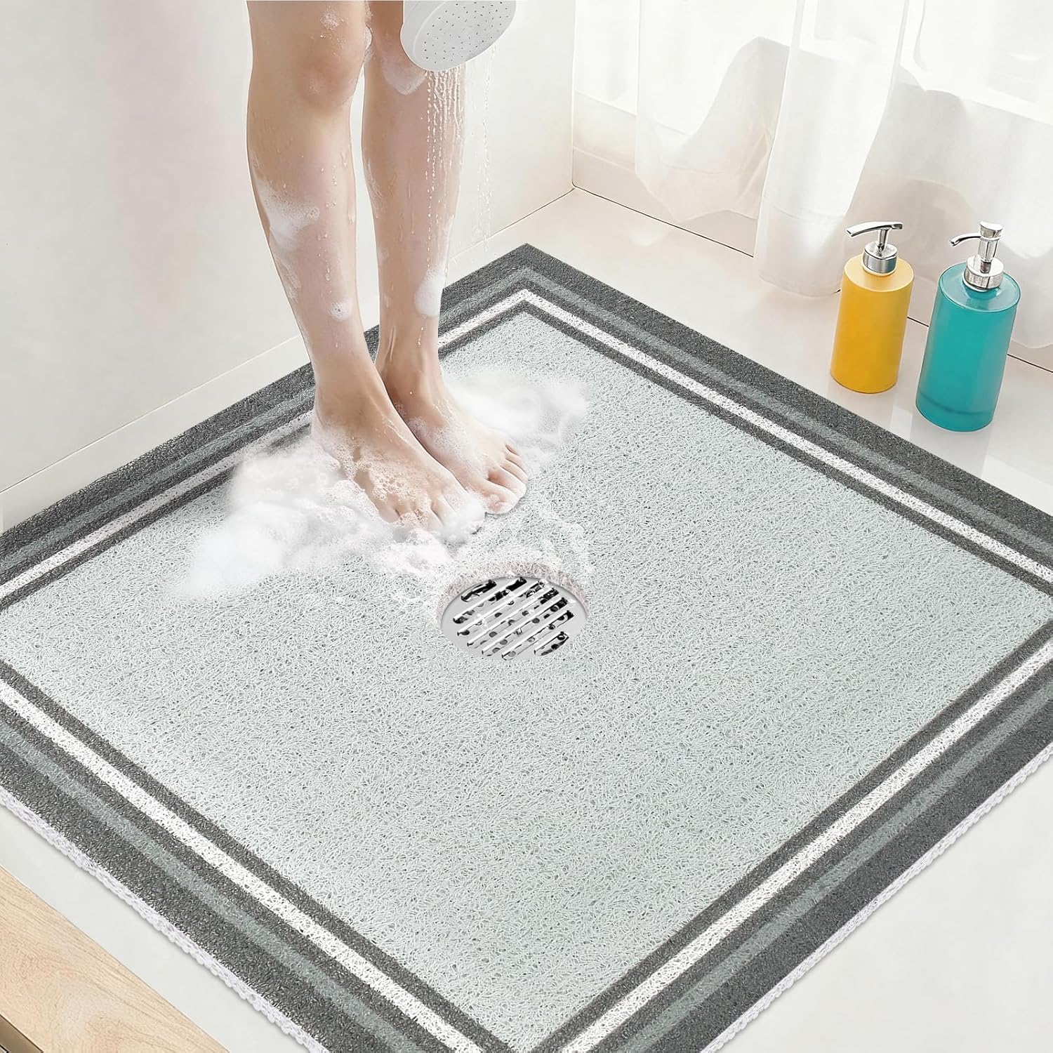 Square Shower Mat Non Slip: 36x36 Inch Extra Large Shower Mats for Inside Shower, Anti Slip Shower Floor Mat, Loofah Shower Stall Mats for Elderly, Non Slip Shower Mat with Drain Hole in Middle
