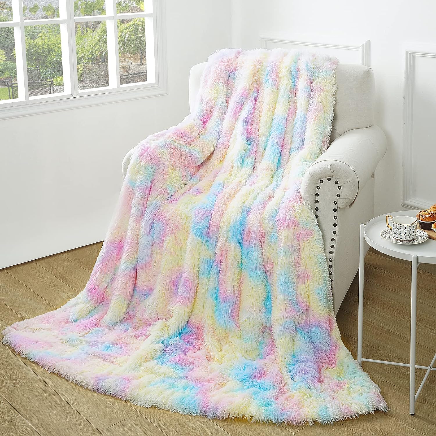junovo Soft Shaggy Rainbow Blanket for Girls Kids, Fuzzy Colorful Throw Blankets for Bed, Cute Fluffy Plush Blanket with Cozy Sherpa, Washable Faux Fur Rainbow Throw Blanket for Couch Sofa, 50"x60"
