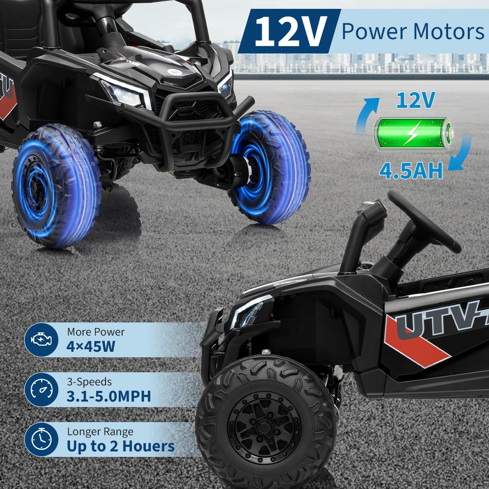 GarveeHome 12V Elektroauto Für Kinder Ab 3 Jahre, 2WD/4WD UTV Ride-on Truck Mit Fernbedienung, 4 Federungen, Eva-Reifen, Musik, LED-Licht, Sicherheitsgurt, Outdoor Elektroauto Kinderauto Bis 60 kg