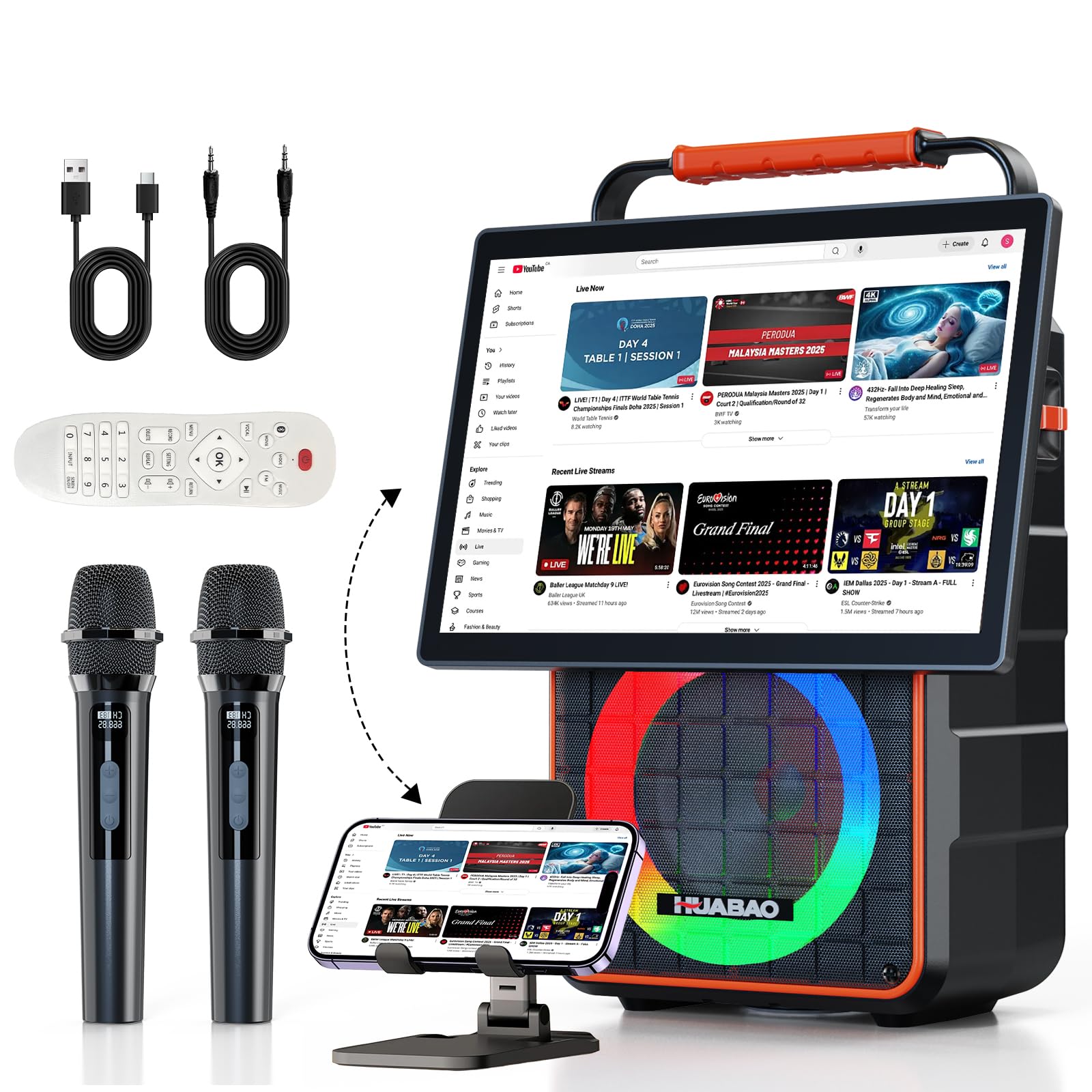 Altoparlante Bluetooth portatile per karaoke con schermo HD da 14,1 pollici, mirroring dello schermo wireless per iOS e Android, 2 microfoni wireless, AUX/USB/scheda TF, visualizzazione dei testi