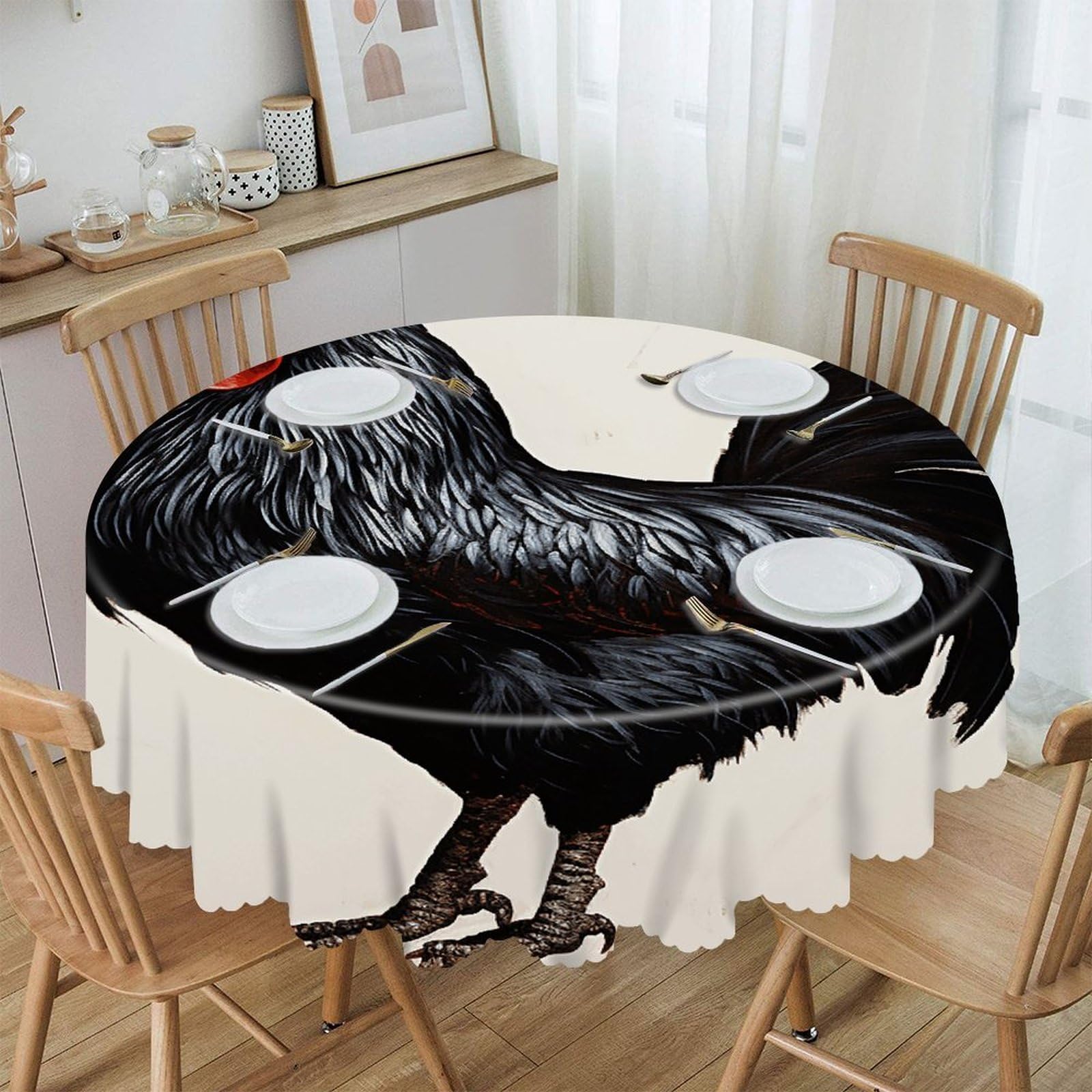 VstaDank Black Rooster Round Tablecloth Premium Polyester Table Cloth Heavy Duty Washable Fabric Tablecloth Waterproof Holiday Table Cover Decorative Tablecloths for Dining 60"