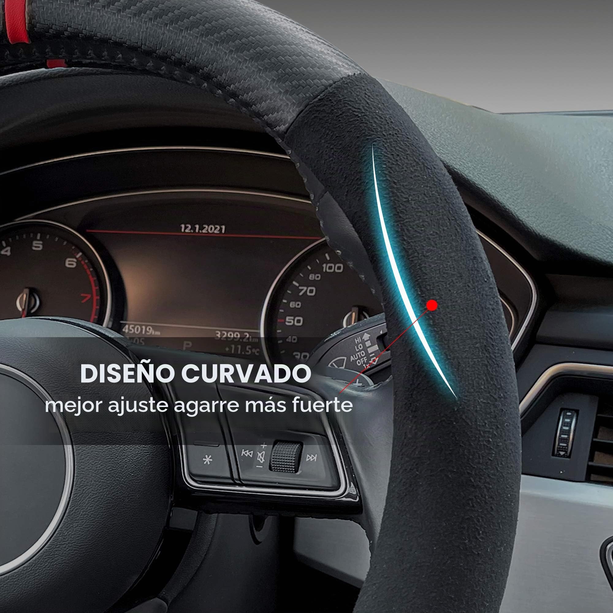 Carodi Funda para Volante de Fibra de Carbono de Gamuza para automóvil, Ajuste Interior de Cuero Antideslizante, Universal de 15 Pulgadas (Forma de D, Gamuza Negra con Fibra de Carbono)