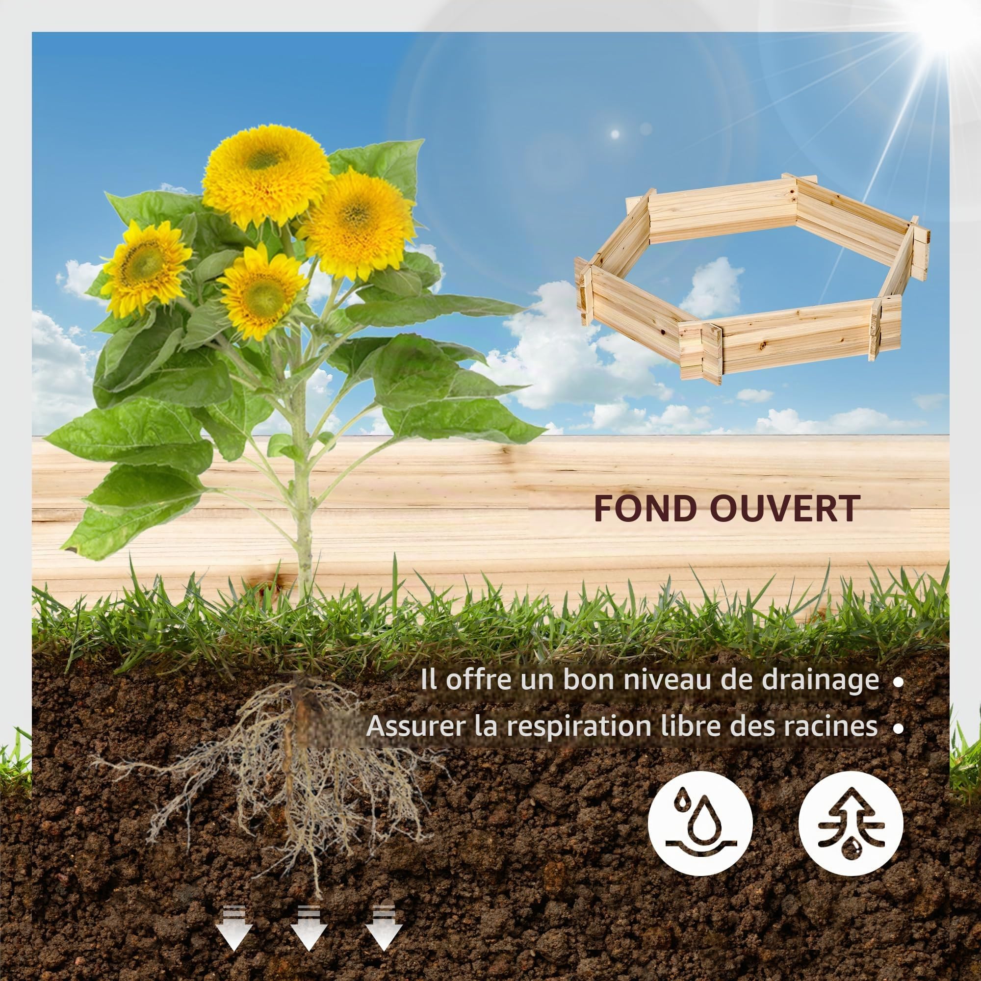 Outsunny Lit de Jardin et de Potager, Jardinière hexagonale sans Base, Montage sans vis, Bois d'épicéa, 100x92x16cm