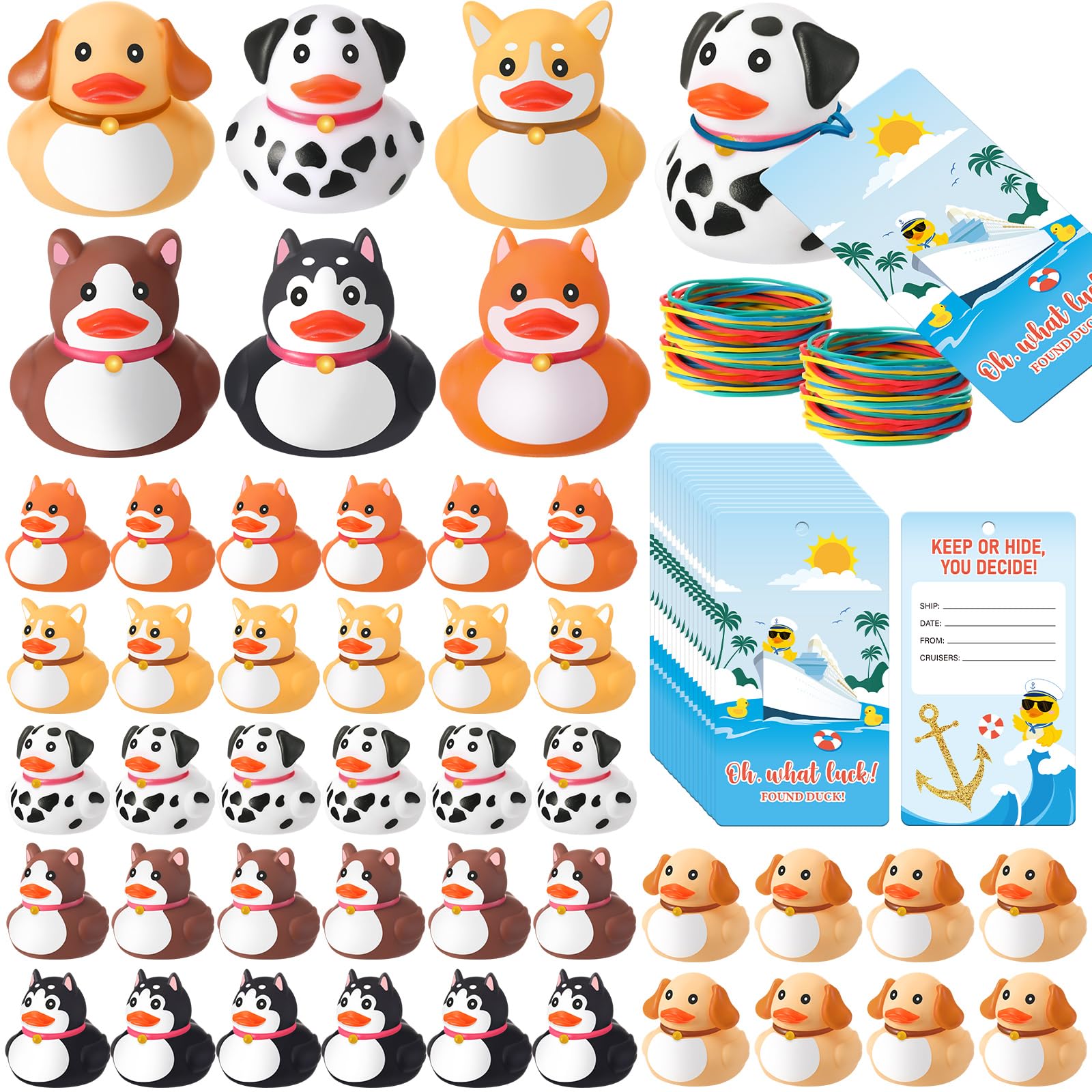 Motionchic 48 Sets Dog Rubber Duckies, Mini Cruise Duck Tag Kit Includes 48 Small Dog Ducks 48 Cruising Tag Cards 48 Rubber Bands Floating Duck Pool