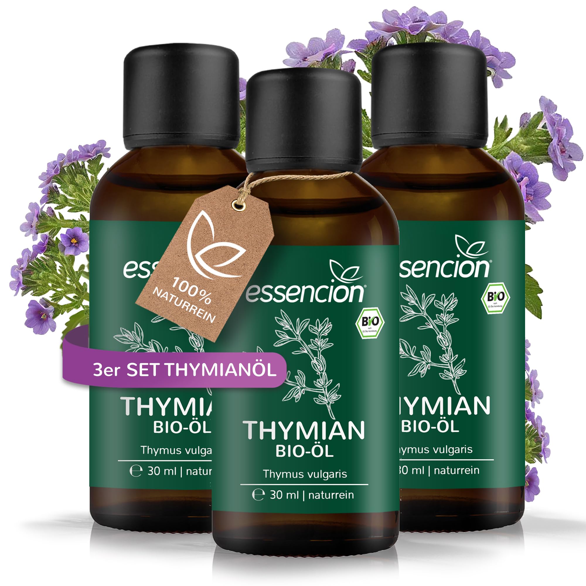 essencion BIO Thymianöl 3 x 30ml | Reines ätherisches Thymian Öl | 100% Naturrein | Ideal für Aromaverteiler, Duftlampe & Massage | Tymiantropfen
