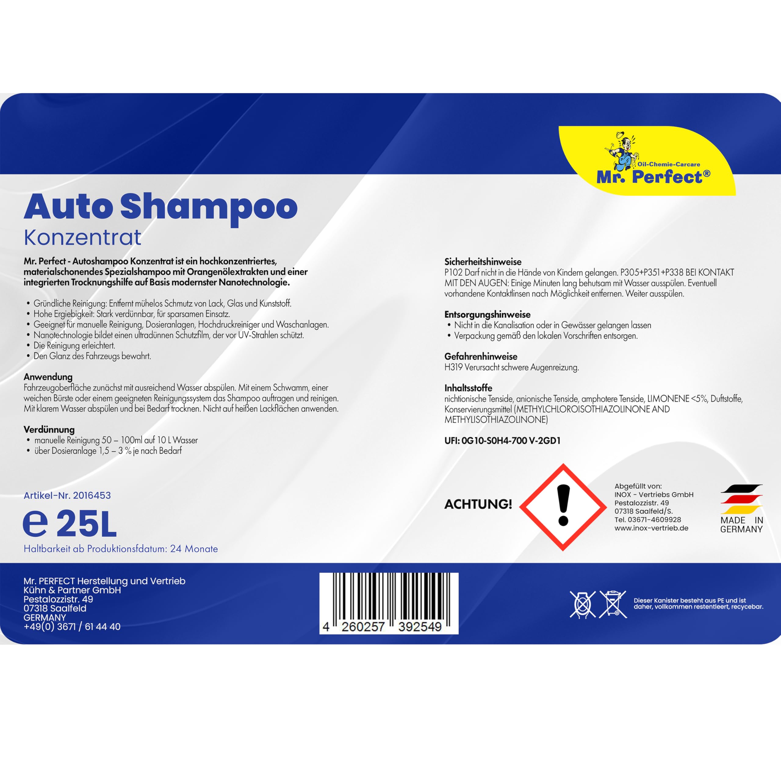 Mr. Perfect – Autoshampoo Konzentrat im praktischen 25L Kanister | Autoshampoo für Hochdruckreiniger und Waschanlagen | Autoreiniger mit Abperleffekt