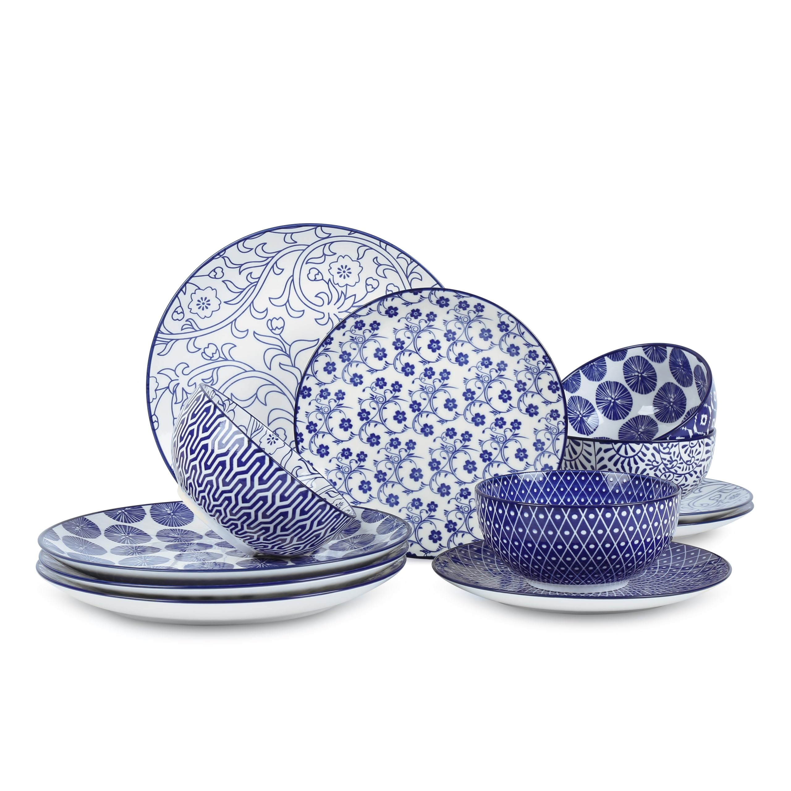 Selamica Ceramic Dinnerware Sets, 12-Pieces Plates and Bowls Sets, Scratch Resistant Dishes set for 4, Dishwasher & Microwave Safe,Vintage Blue