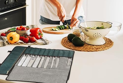 Miniatura 6 de Bolsa profesional para cuchillos de chef con tela anticorte en el interior, lona encerada resistente de 16 onzas, 11 ranuras y correa de hombro