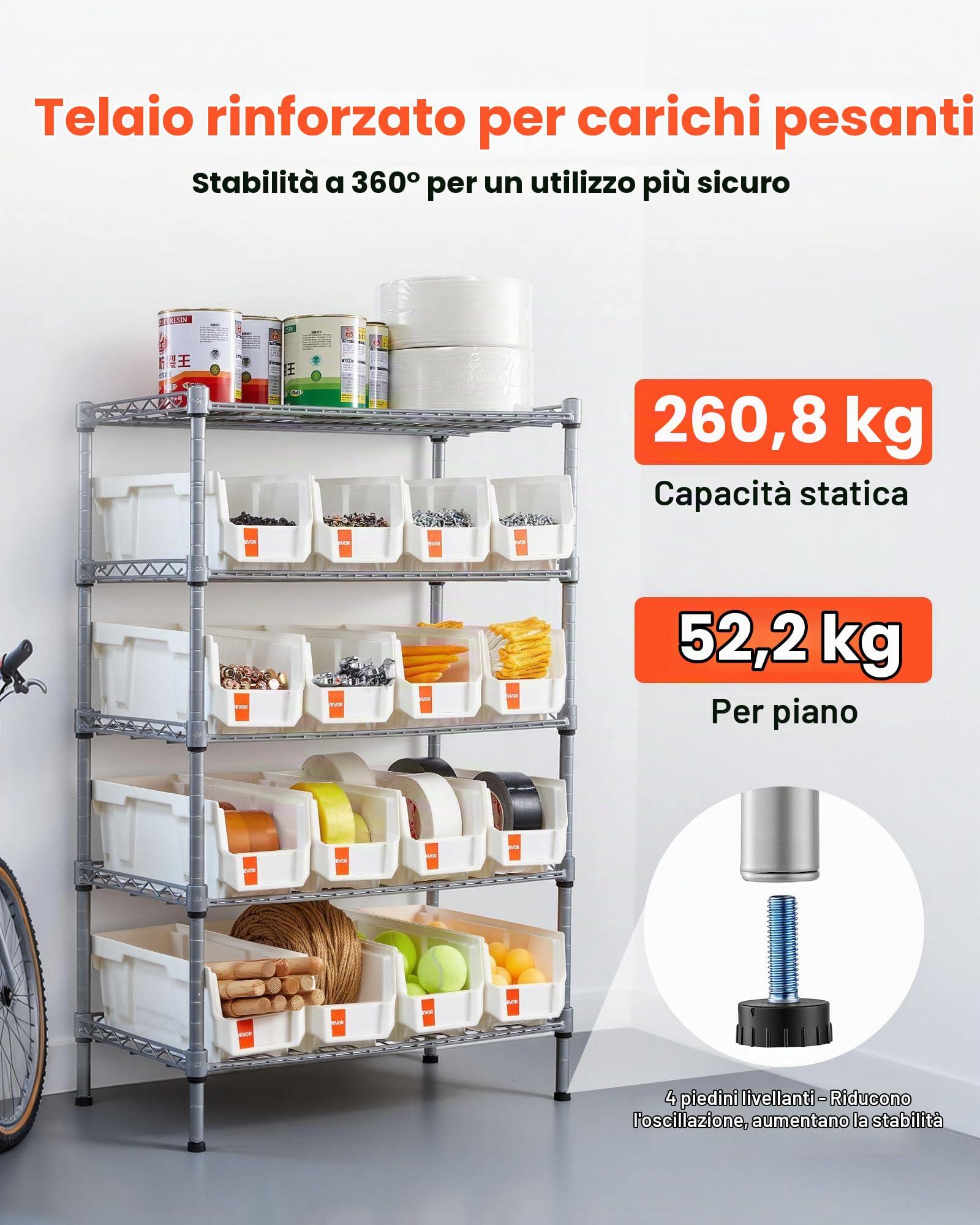 VEVOR Scaffale per Carichi Pesanti Portaoggetti con ruote a 5 Ripiani, 16 Contenitori Portaoggetti, Sistema di Scaffalature in Filo d'Acciaio, per Garage, Magazzino, Ufficio, Ristorante, Aula, Cucina