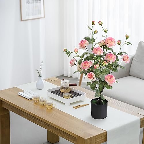 Miniatura 8 de momoplant Juego de 2 rosas artificiales de seda de 25 pulgadas de alto, con maceta para sala de estar, mesa, cocina, oficina, decoración (rosa)
