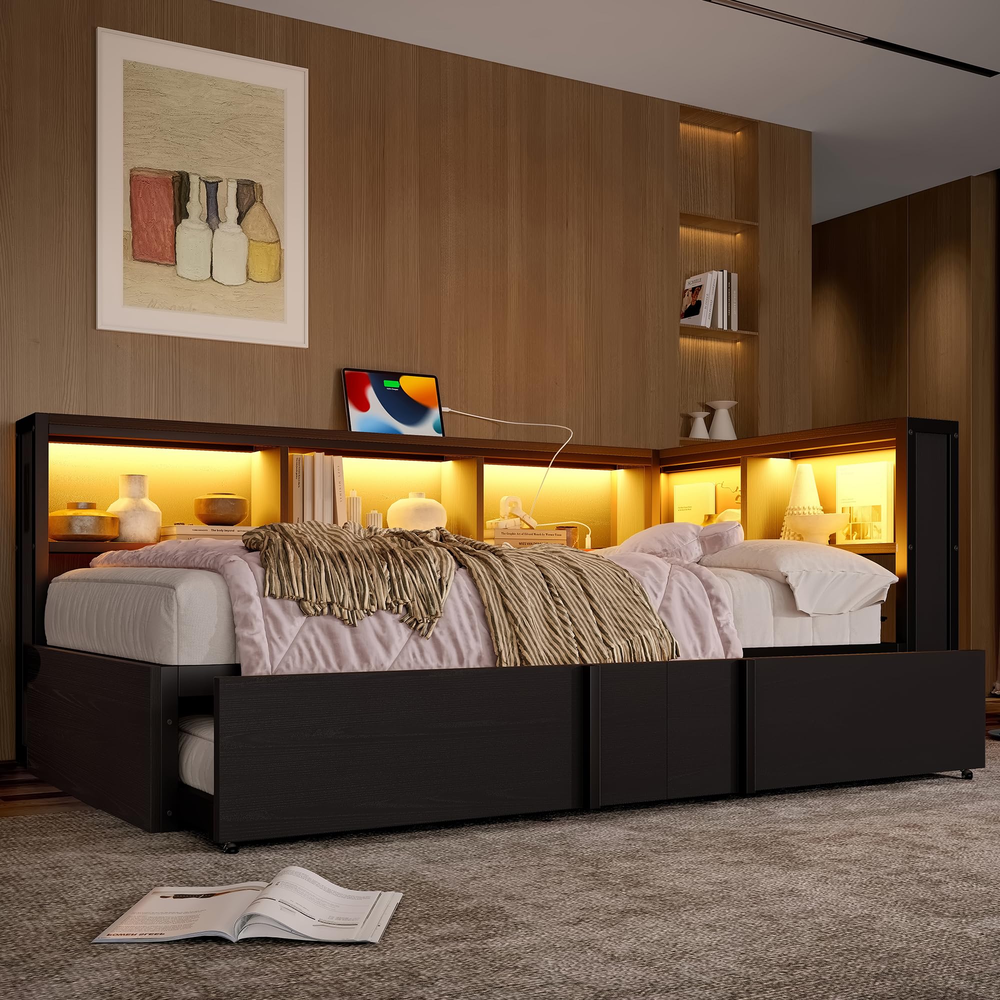 Cama de metal de 90 x 200 cm con cama nido, armarios de almacenamiento, iluminación LED y puertos USB (negro)
